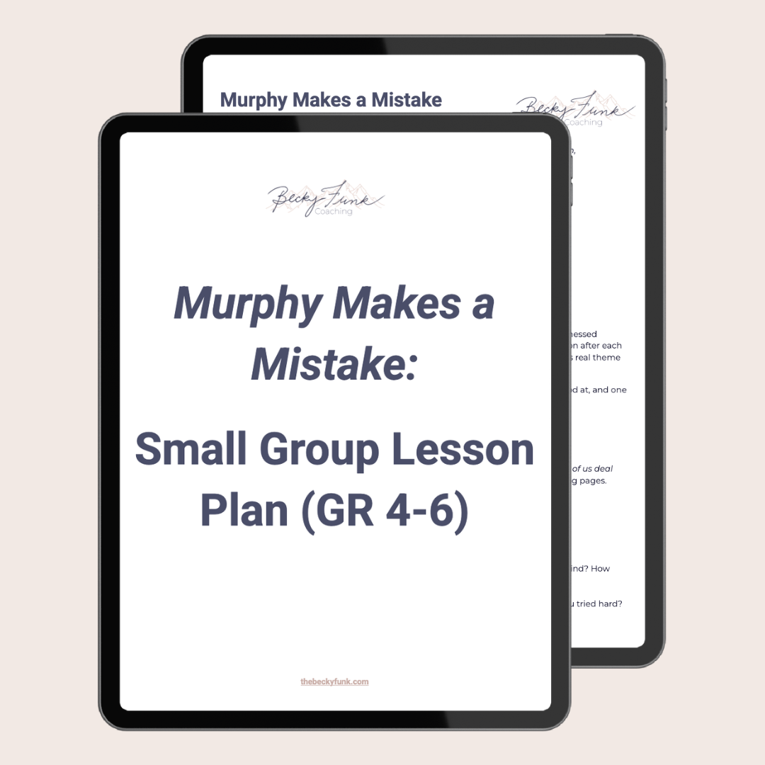 The image shows two electronic tablets displaying a coaching lesson titled "Murphy Makes a Mistake: Small Group Lesson Plan (GR 4-6)" with the website thebeckyfunk.com visible at the bottom of the front tablet.