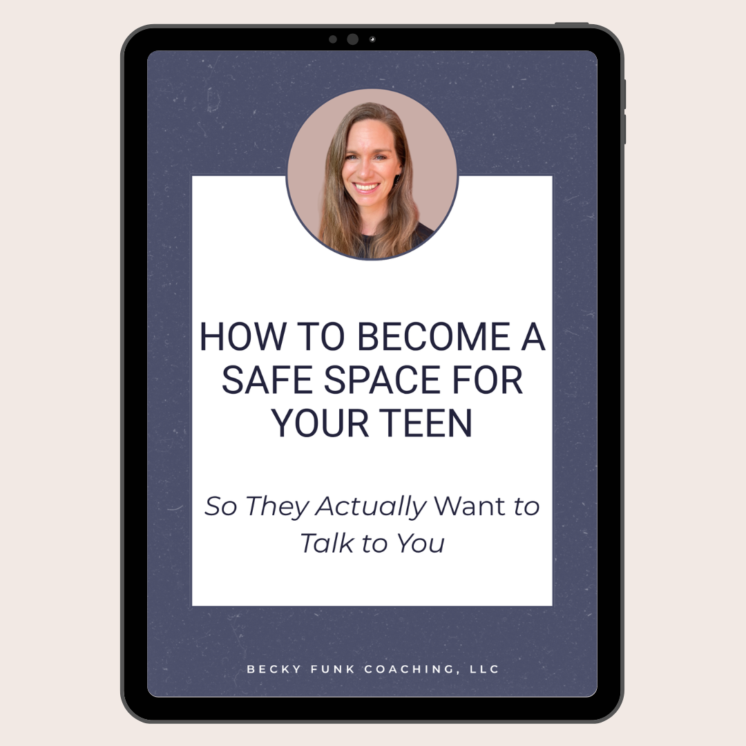 face of woman with brown hair with the words "how to become a safe space for your teen so they actually want to talk to you writte on a white box with a dark purple background