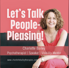 Pink promotional graphic with a smiling woman, promoting Charlotte Bailey's speaking and mentoring services. Text reads: "Let's Talk People-Pleasing!"