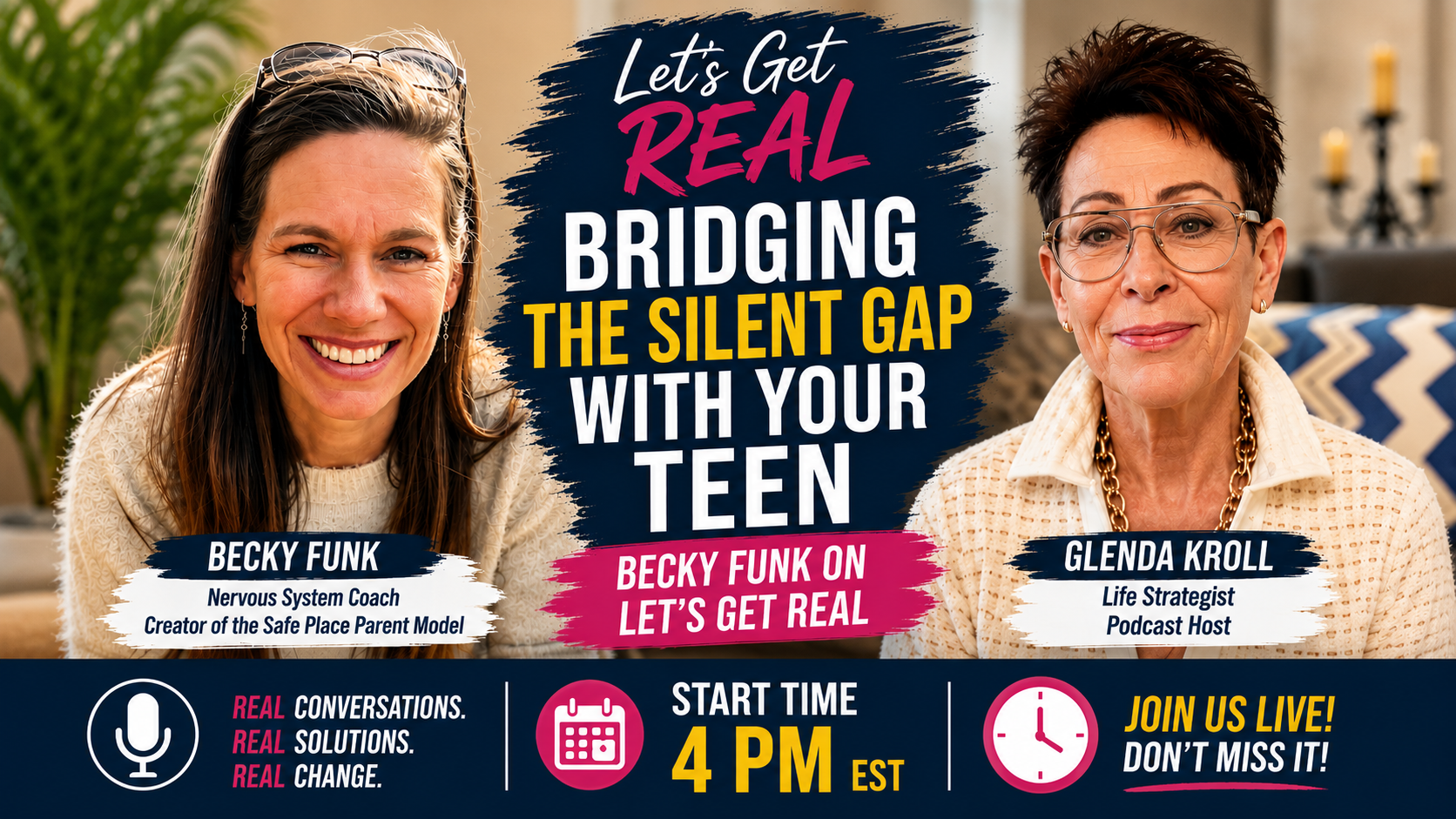 Image of two women, one with long brown hair, one with short brown hair in a promotional poster for a podcast