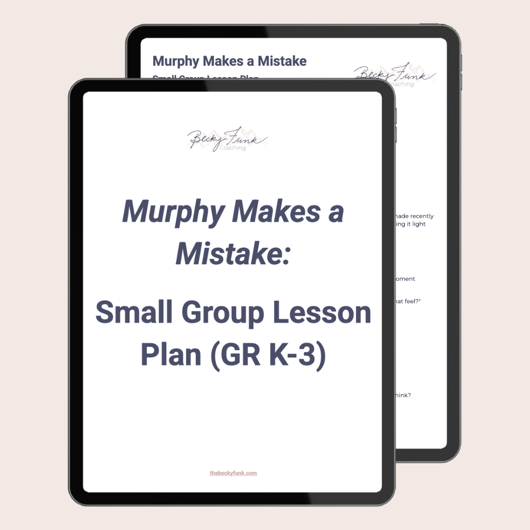 Two tablets displaying educational material for a small group lesson plan titled 'Murphy Makes a Mistake.' The front tablet shows the title in large bold text, with a website URL at the bottom. The second tablet, partially visible behind, displays more detailed content with headings and questions for discussion.
