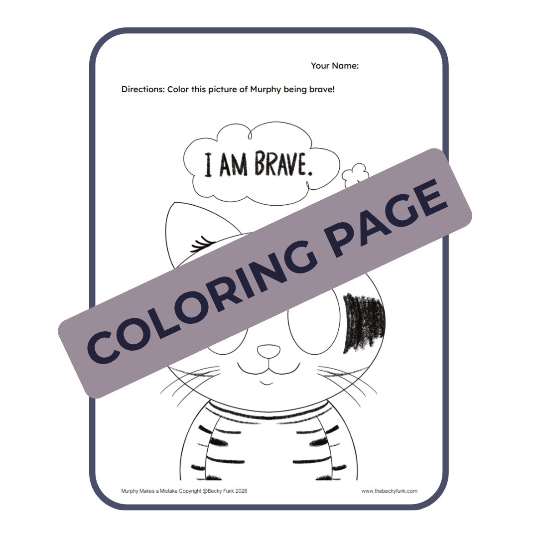 Black and white coloring page of a cute tiger with a bow, with a speech bubble saying 'I am brave'.