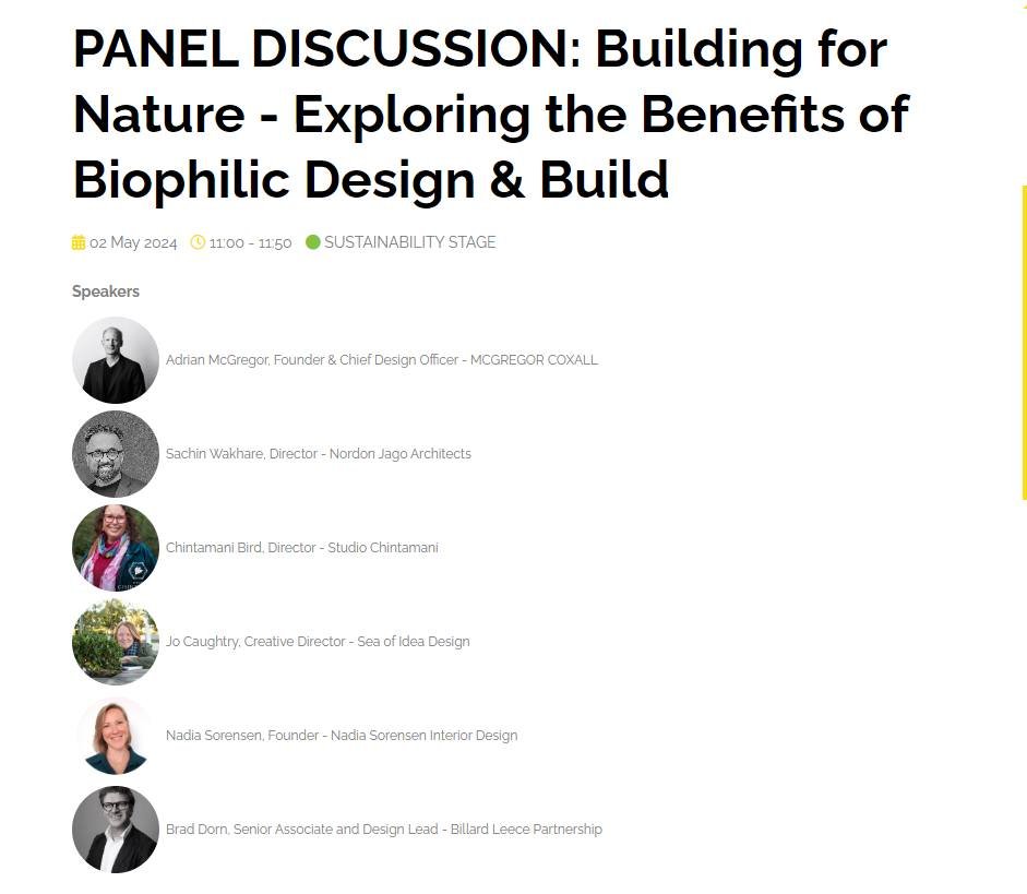 Next Thursday, you'll find me at @sydneybuildexpo and at 11am you can join me and a panel of fantastic ppl to discuss Biophilic Design🌳🌿☘🍀 - link below 👇👇👇👇

https://www.sydneybuildexpo.com/conference-agenda-2024/building-nature-exploring-bene