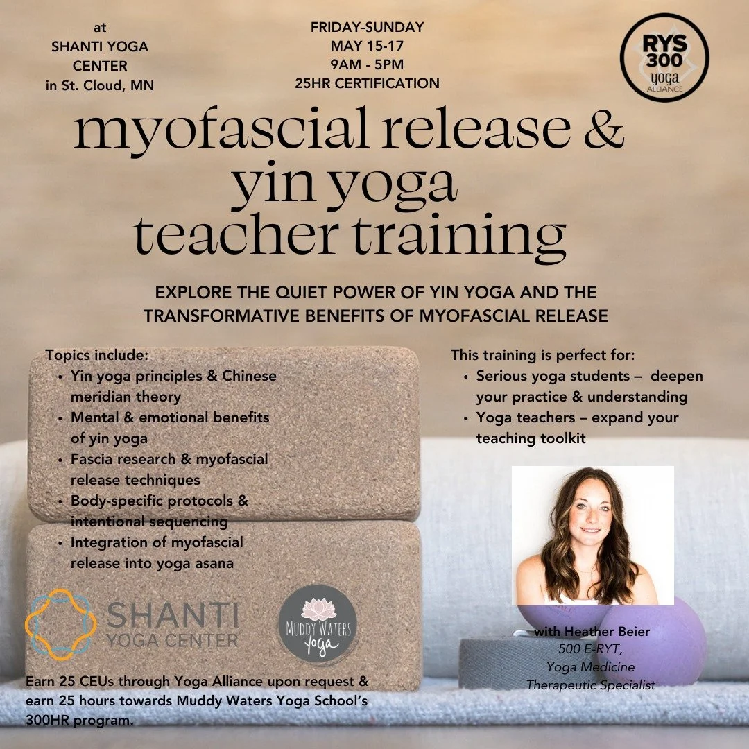 We are beyond excited to host this training - May 15-17 @shantiyogacentermn What an honor to welcome Heather and her amazing expertise blending the benefits of myorascial release and yin yoga. 

Check out more information online at: https://momence.c