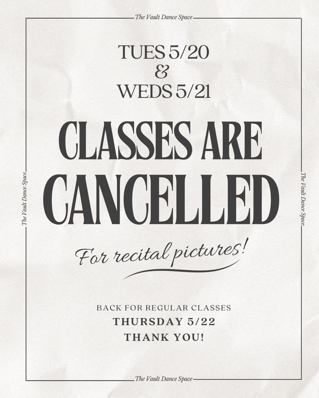 All regular classes are cancelled today and tomorrow for recital photos π«