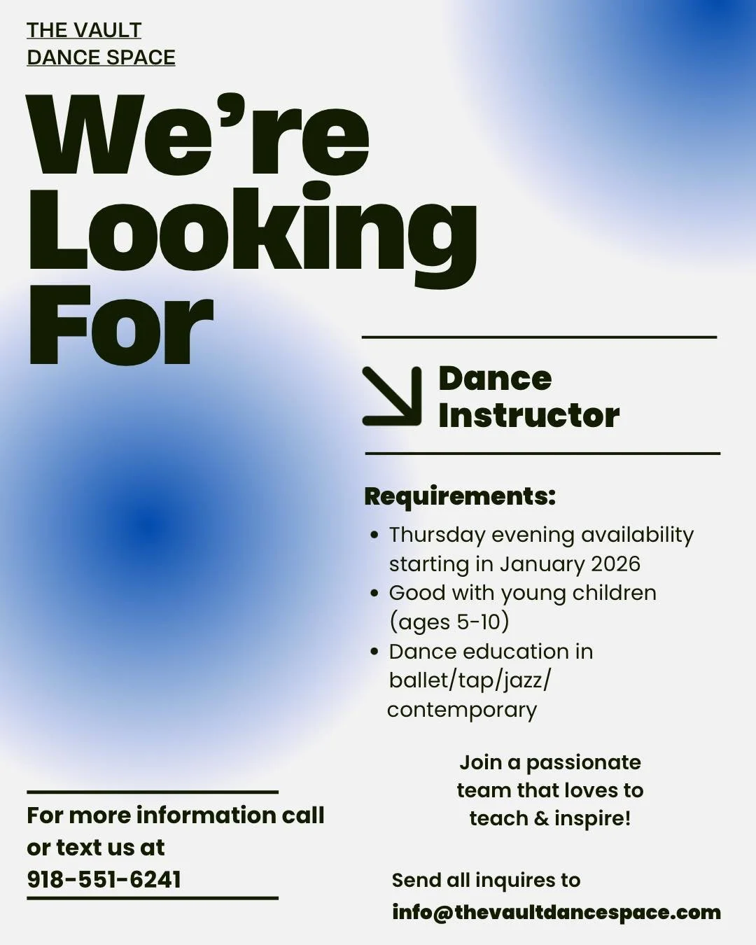 Calling all dance instructors! 💫 Join our team and help inspire the next generation of dancers. Email us today &mdash; we can&rsquo;t wait to meet you! 👯&zwj;♀️

📩 info@thevaultdancespace.com | 📞 918-551-6241