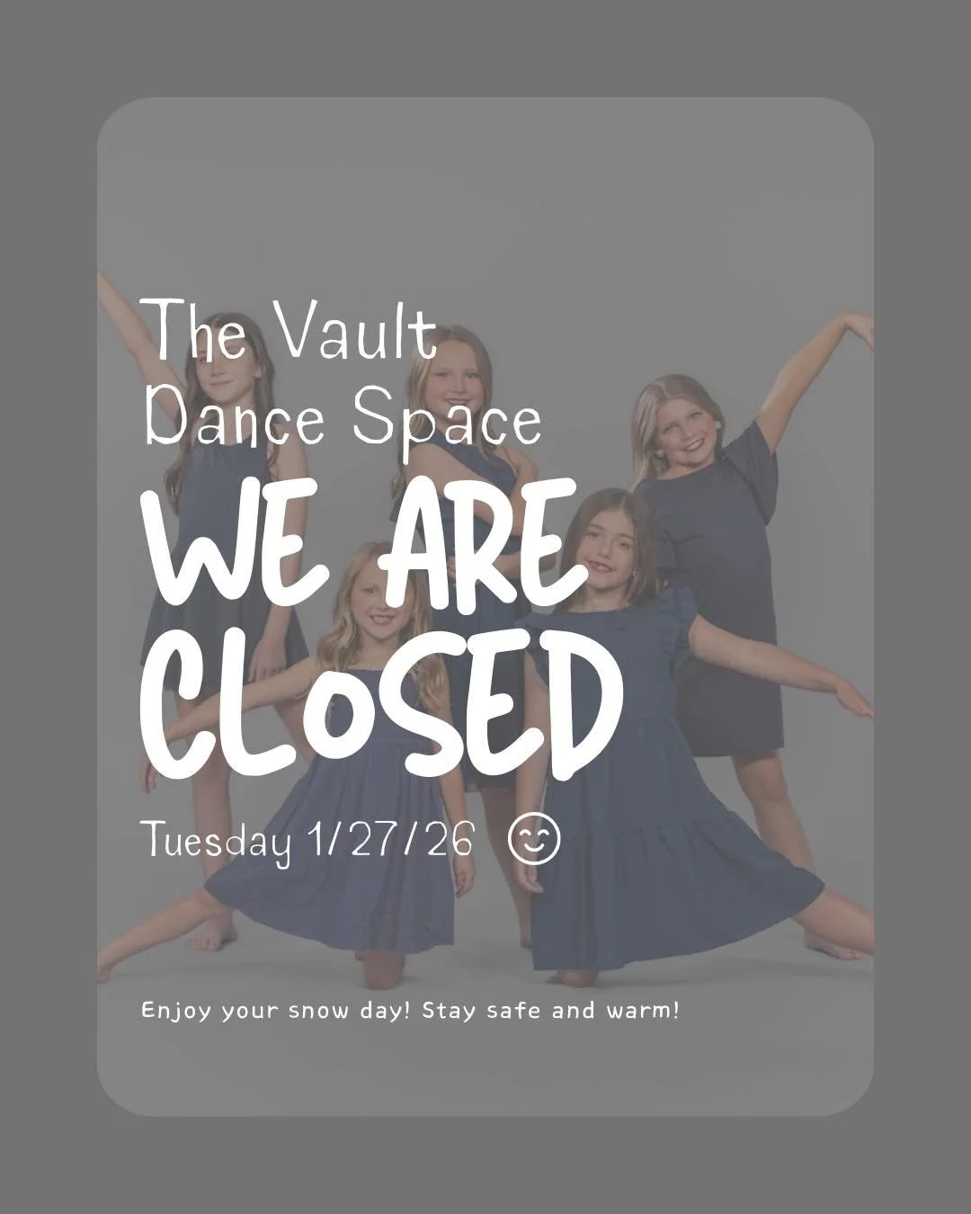 ❄️ SNOW DAY ❄️
Due to the snow, the studio will be CLOSED today, Tuesday January 27th ☃️
Stay cozy, stay safe, and practice those dances in your living room if you must 💃🕺
We&rsquo;ll see everyone soon! 🤍✨