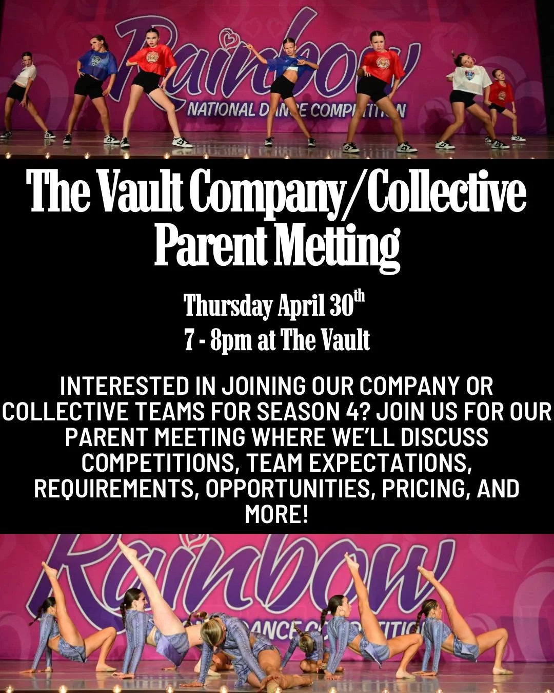 Season 4 Company &amp; Collective information is here! ✨

Interested in joining our Company or Collective teams next season? Join us for our Parent Meeting on Thursday, April 30th from 7&ndash;8PM at The Vault!

This meeting is the best way to learn 