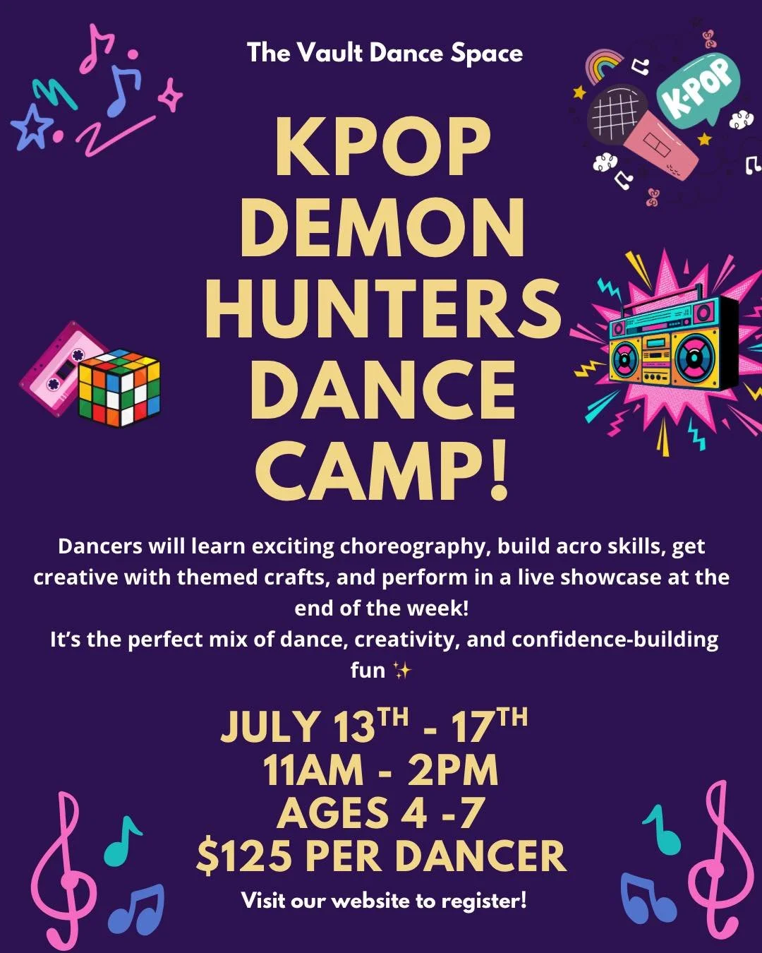 Calling all little dancers 💜✨

Our KPOP Demon Hunters Dance Camp is the ultimate summer adventure!
From learning high-energy choreography to fun crafts and a live showcase&mdash;this camp is packed with confidence-building fun. Click the link in our