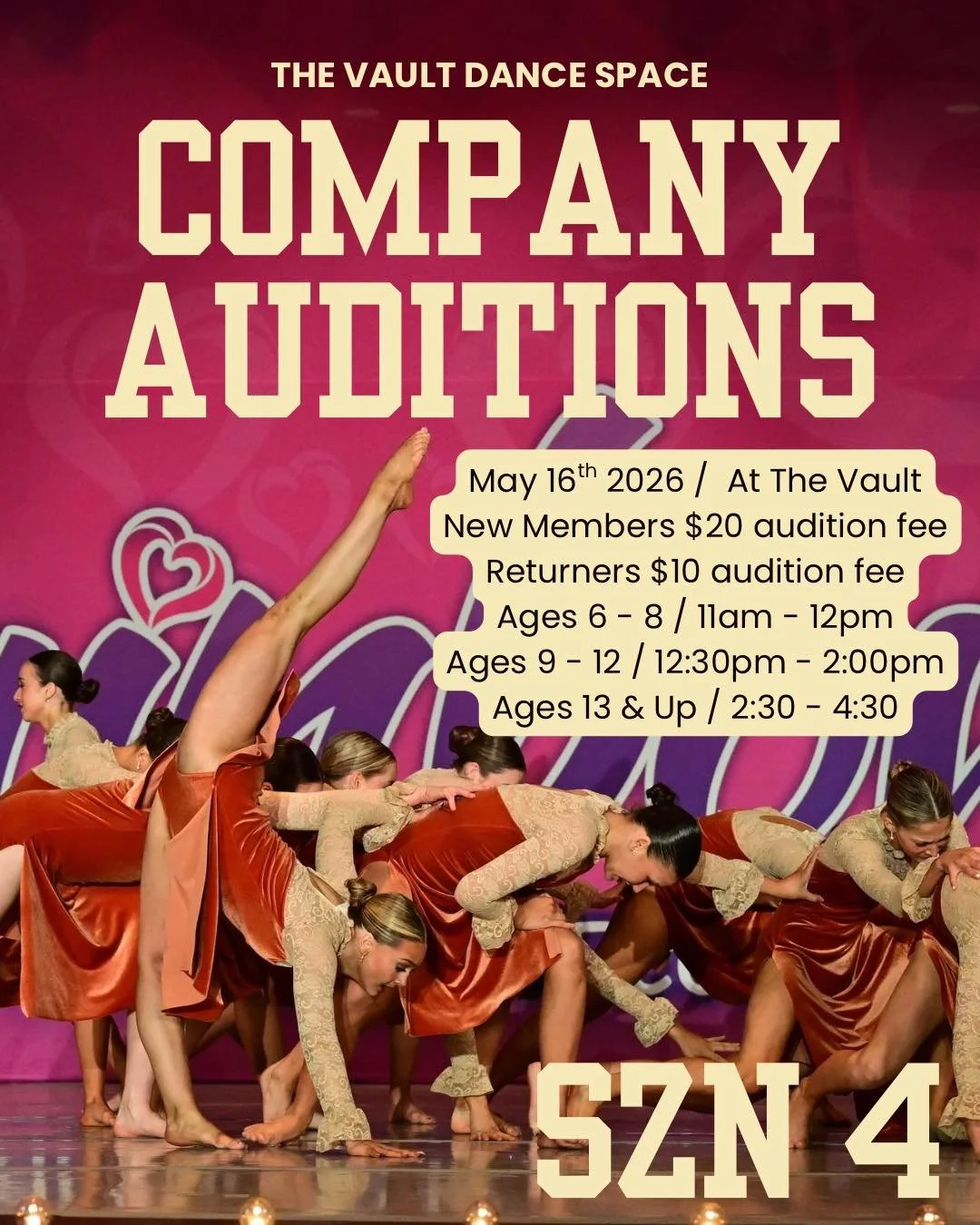 Auditions are coming! 

The Vault Dance Space Company auditions are officially set for May 16th, 2026! This is your chance to grow your training, perform more, and be part of a dedicated team of dancers who are passionate about their craft.

We can&r