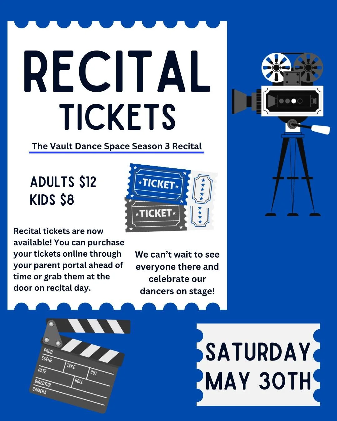 🎟️ Recital Tickets Are On Sale!

Join us for The Vault Dance Space Season 3 Recital on Saturday, May 30th as our dancers take the stage!

✨ Adults: $12
✨ Kids: $8

Tickets are available now! You can purchase them online through your parent portal ah