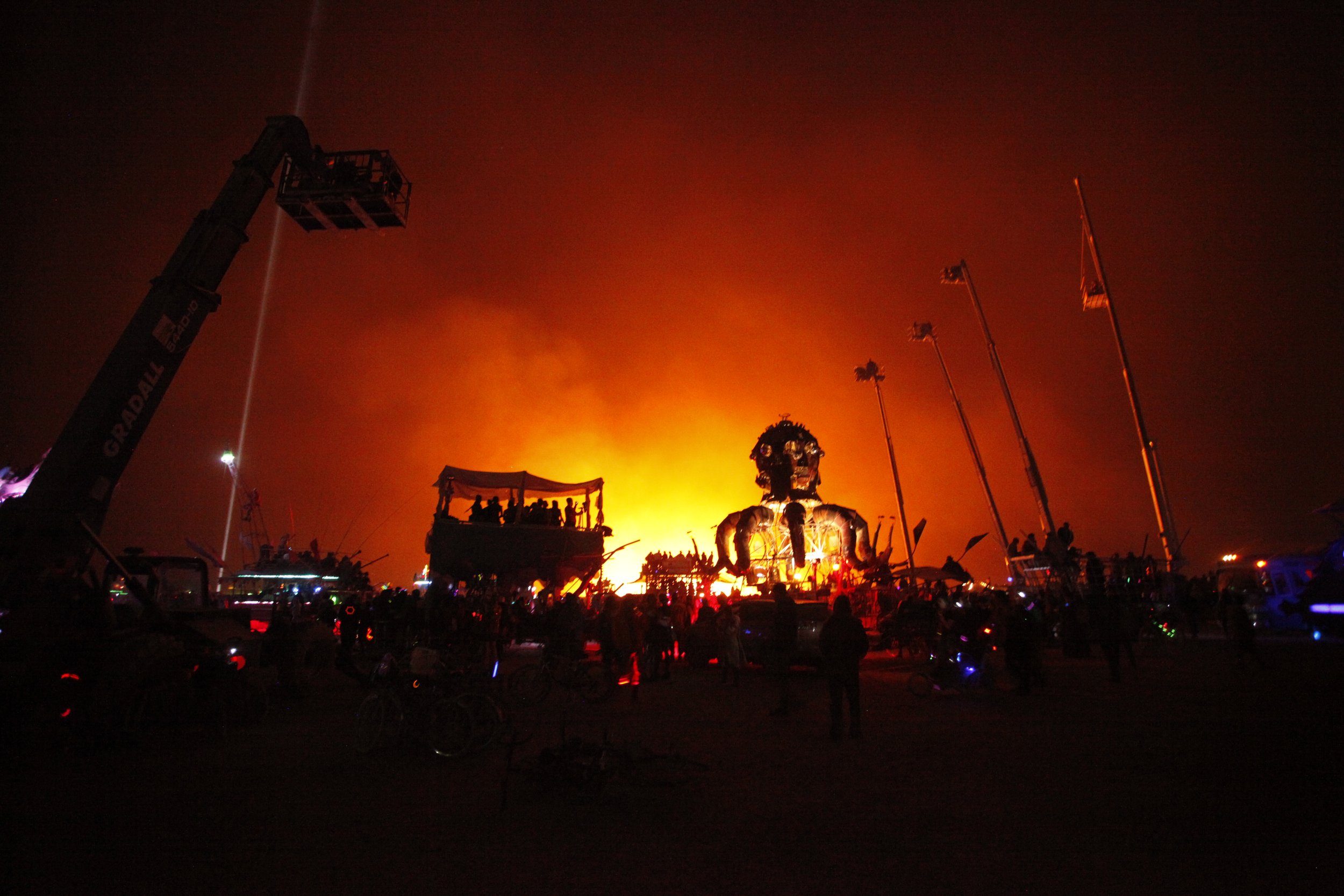 Burning Man 2011 670; Temple Burn Art Car Silhouette.JPG