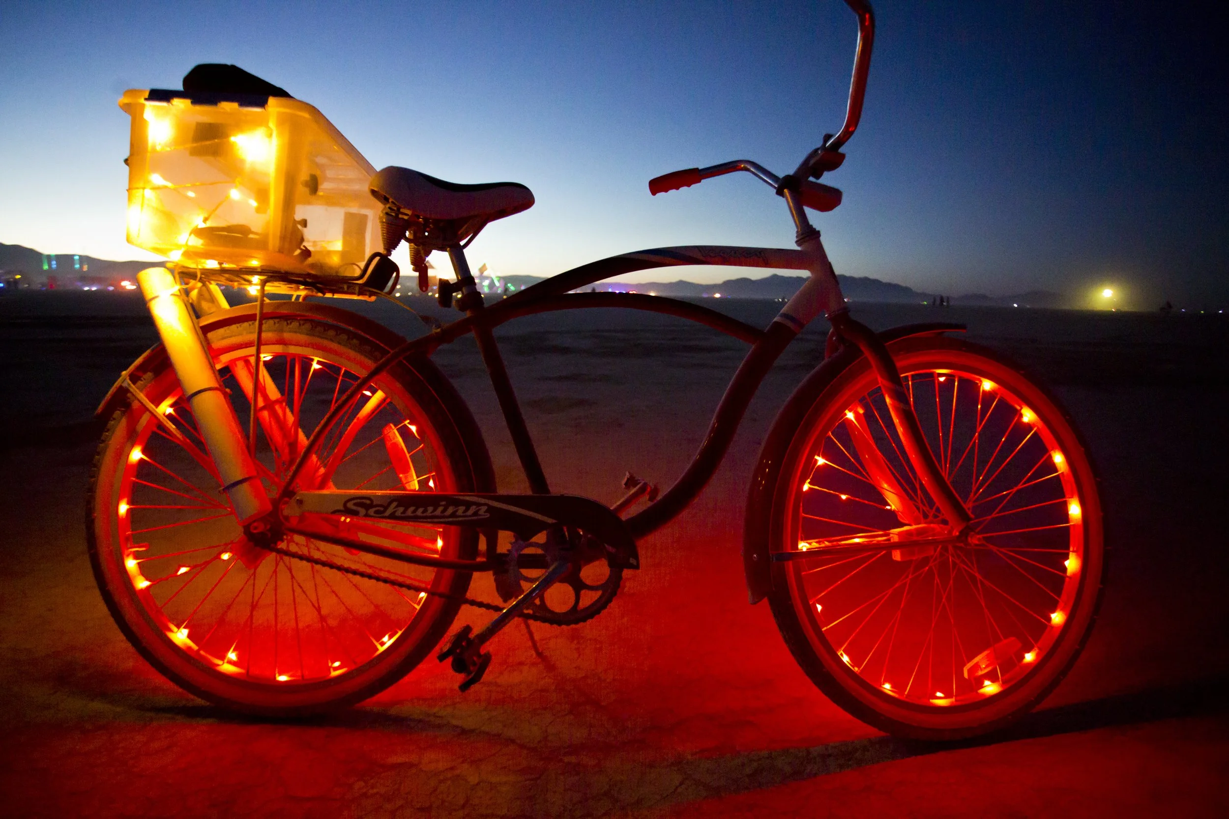 Burning Man 2013 226; Red Lights Schwinn Bike Sunset.JPG