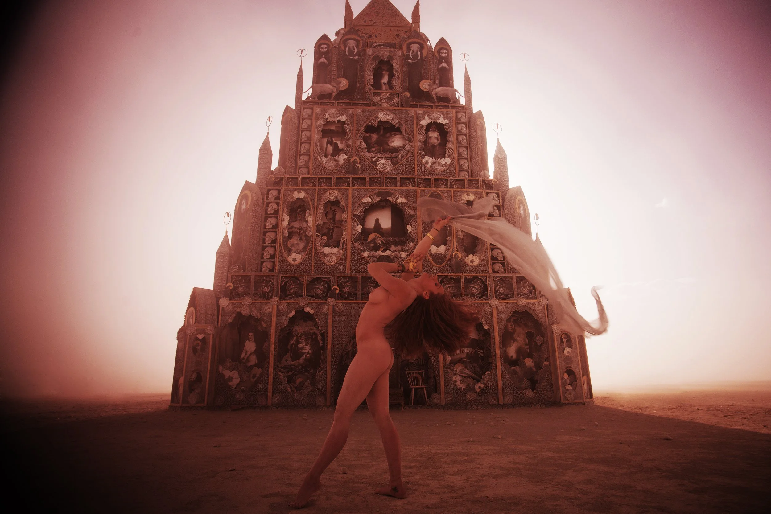 Burning Man 2015 144; Playa Dust Storm Totem Of Confessions Jessica Naked Sunset Silhouette Photo by Vito Fun.jpg