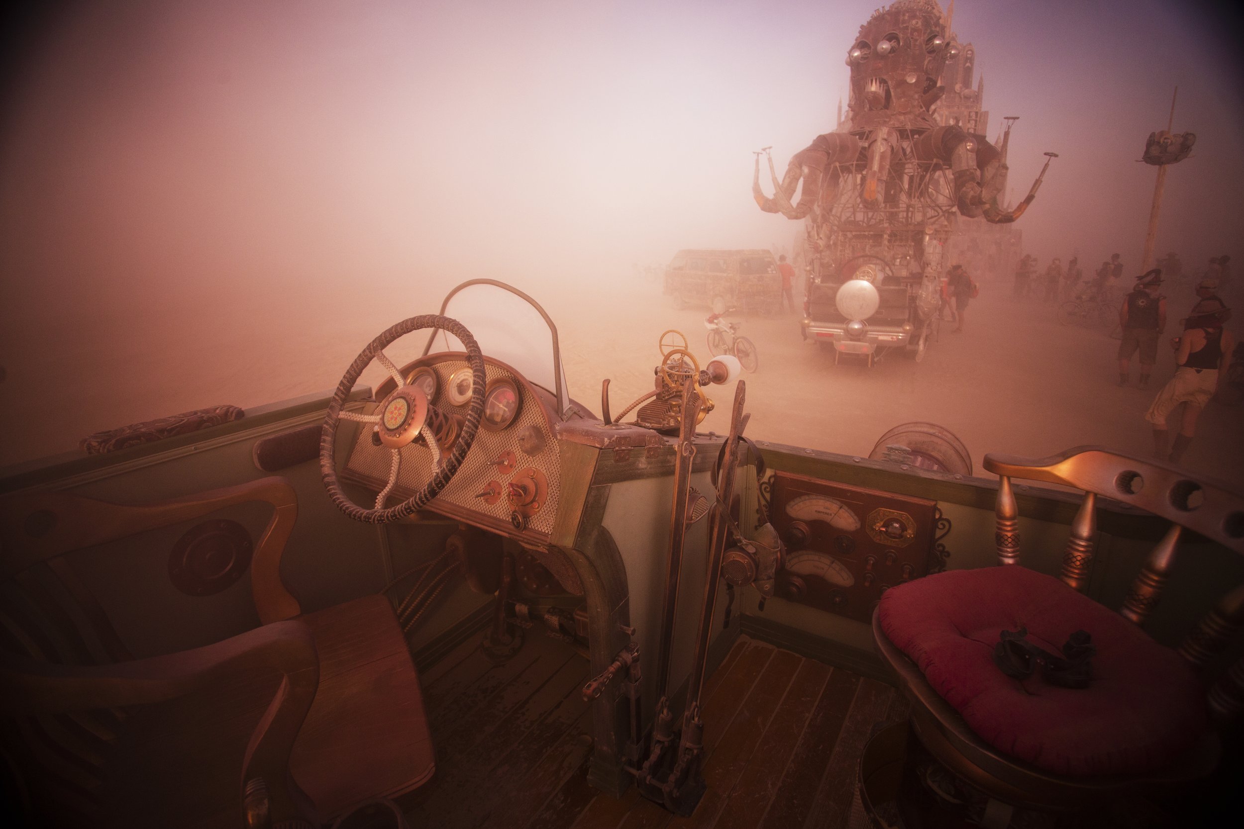 Burning Man 2015 155; Playa Sunset Steampunk Art Car Beamer Steamer El Pulpo Mechanico.jpg
