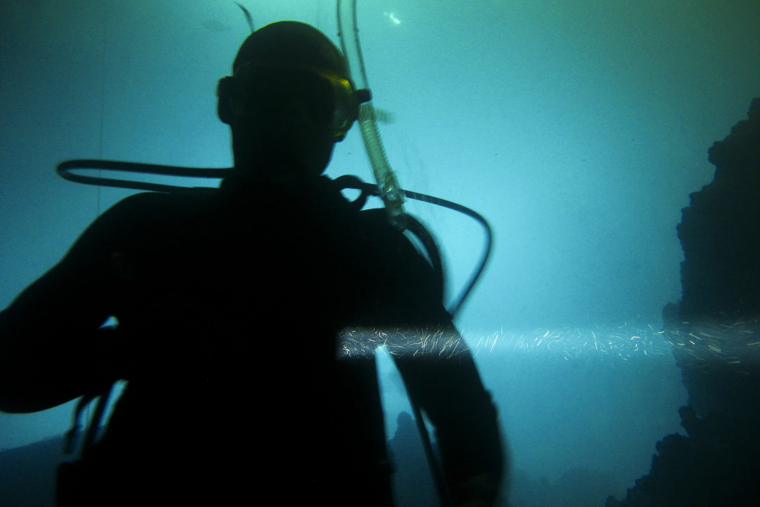 Tampa 14; Devil's Den Scuba Diving Glenn Underwater Silhoutte Flashlight.JPG