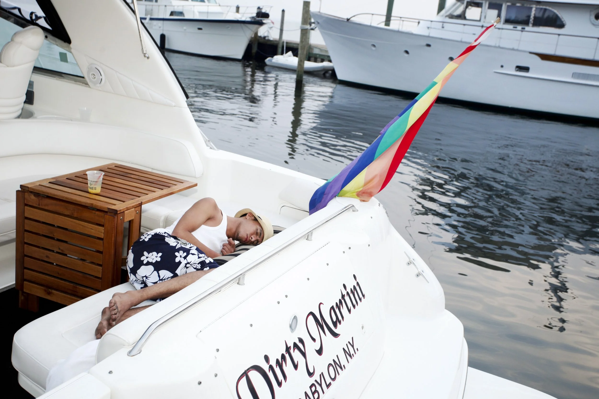 Fire Island Pines Ascension 2011; Sunrise Sleeping In Boat.JPG