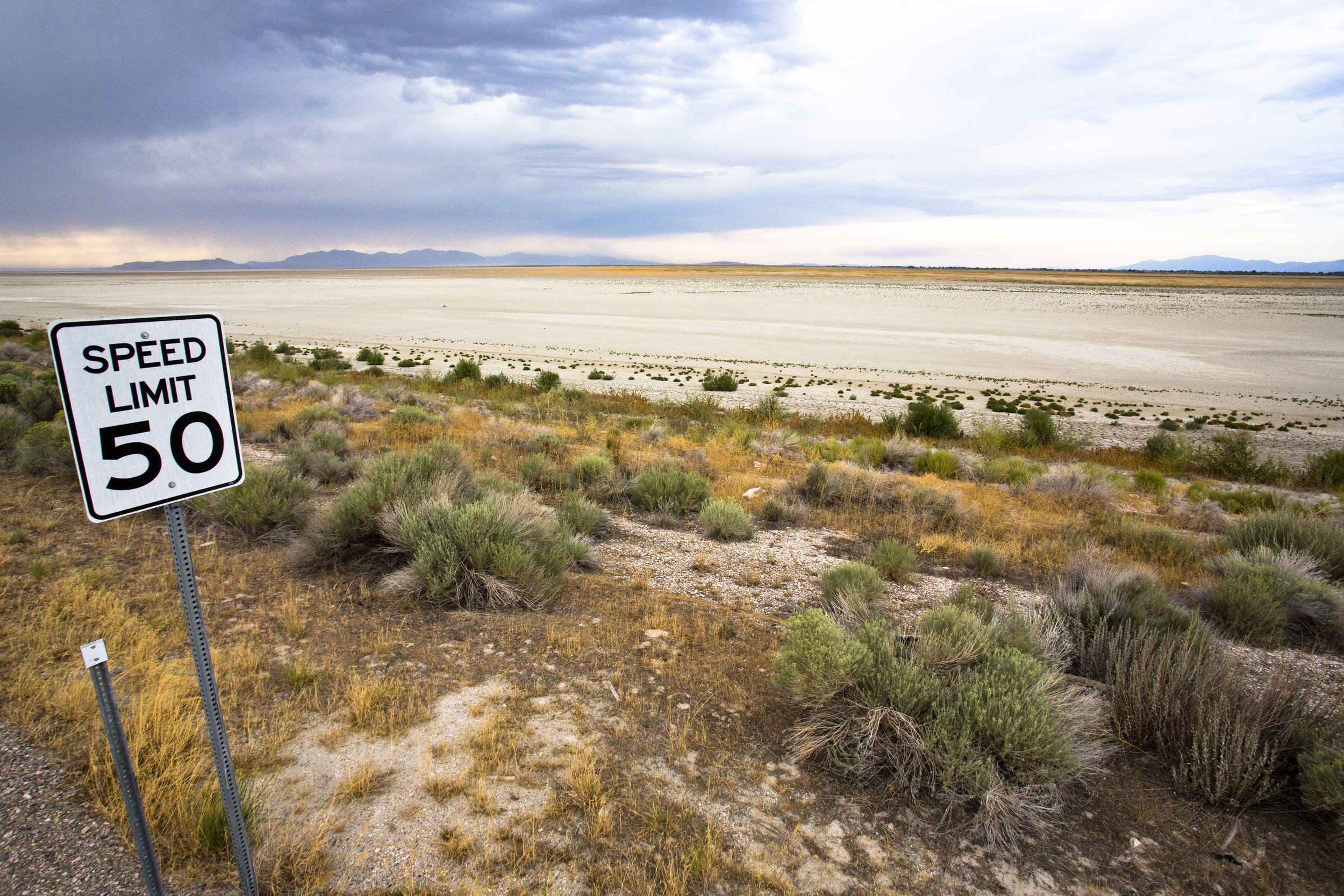 Salt Lake City Utah 2; Antelope Island Salt Flat Speed Limit Sign.JPG