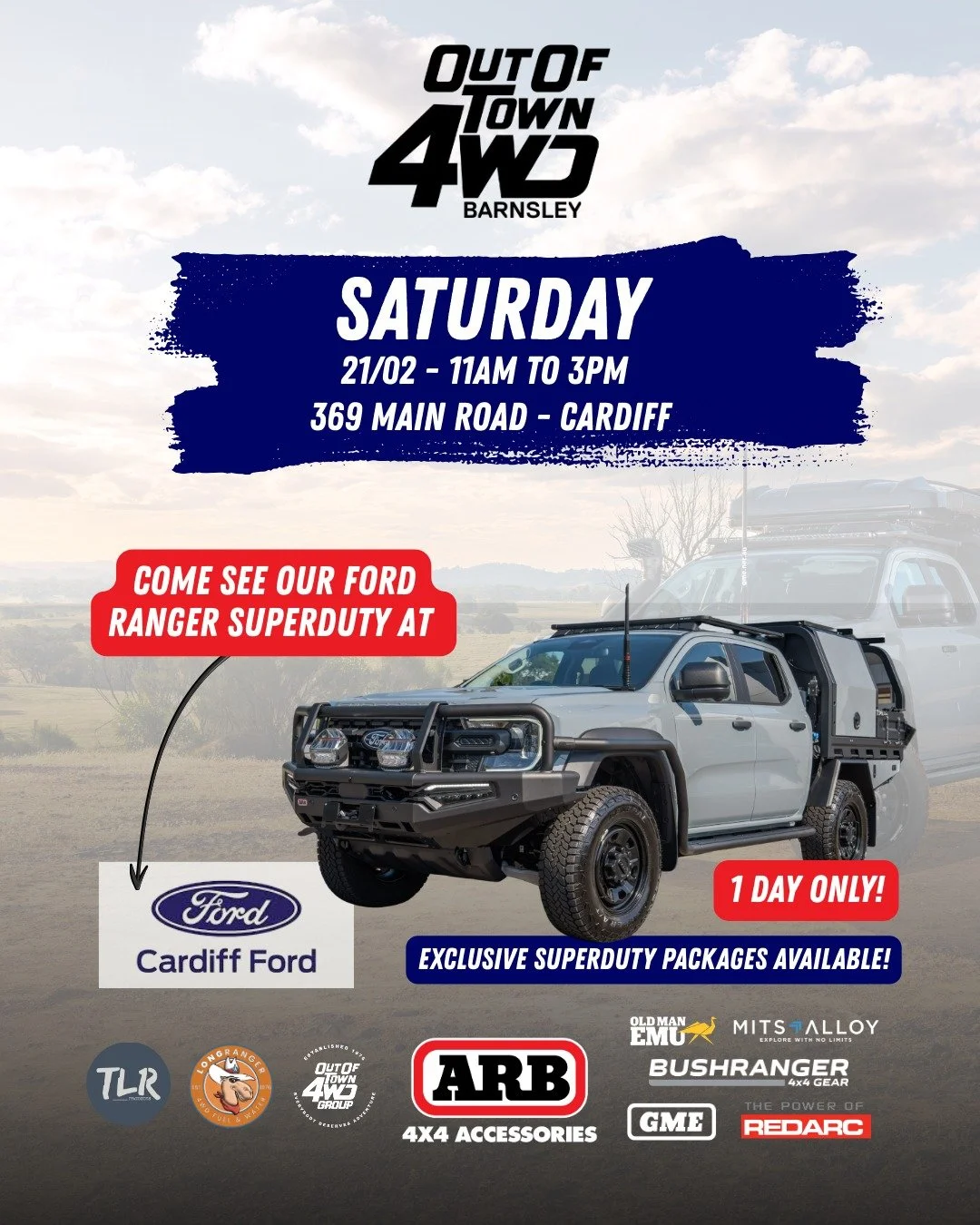 RANGER SUPER DUTY DAY 🔧🚙

This Saturday (21/02), Joel from Out Of Town 4WD Barnsley will be heading along to Cardiff Ford - Ranger Super Duty Day!

🕙 11:00am &ndash; 3:00pm
📍 369 Main Road, Cardiff

Come down, check out the Ranger Super Duty up c
