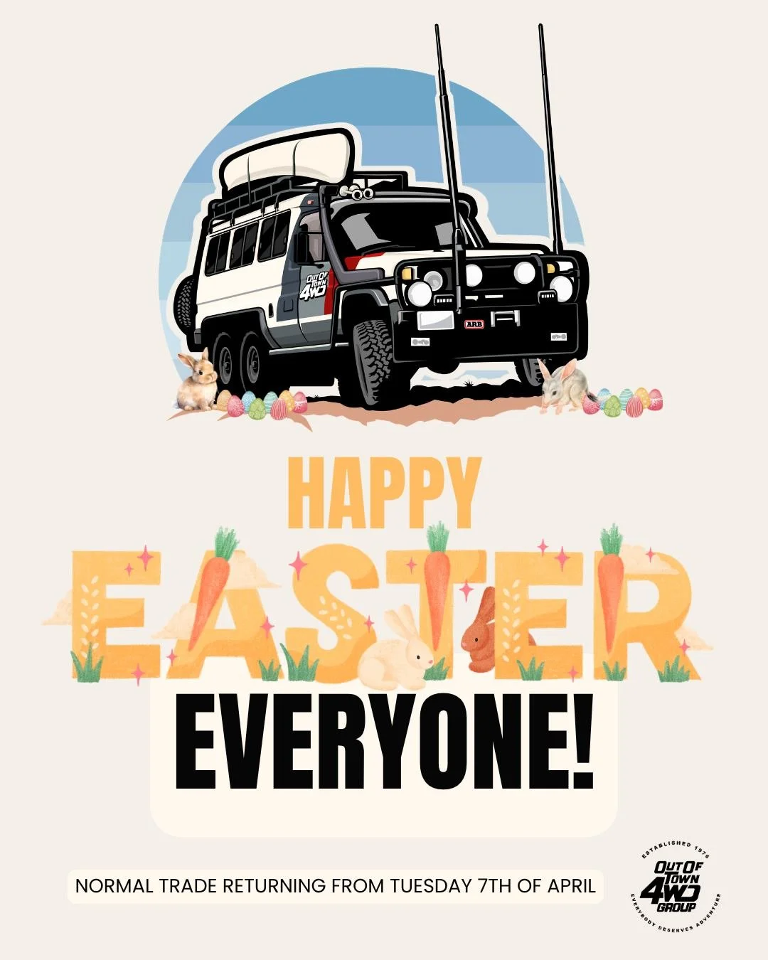 Wishing you all an adventurous and joyful Easter! Enjoy the ride and cherish the holiday vibes. 🐰🚙💐✨ 

We'll be back on deck from Tuesday 7th of April

#arb4x4life #easterlongweekend #safetravels