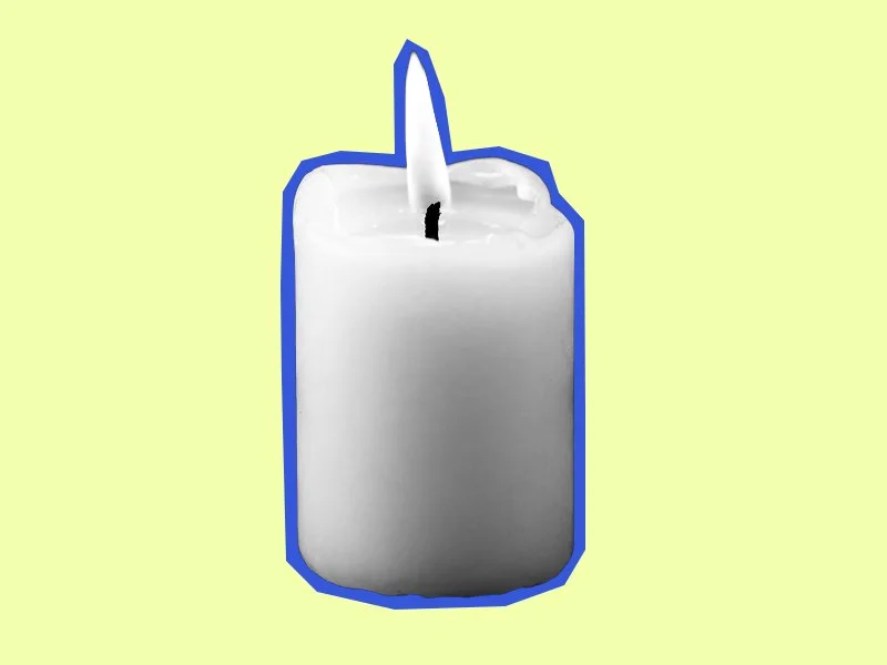 A white candle with a lit wick, outlined with a blue border, on a light yellow background.