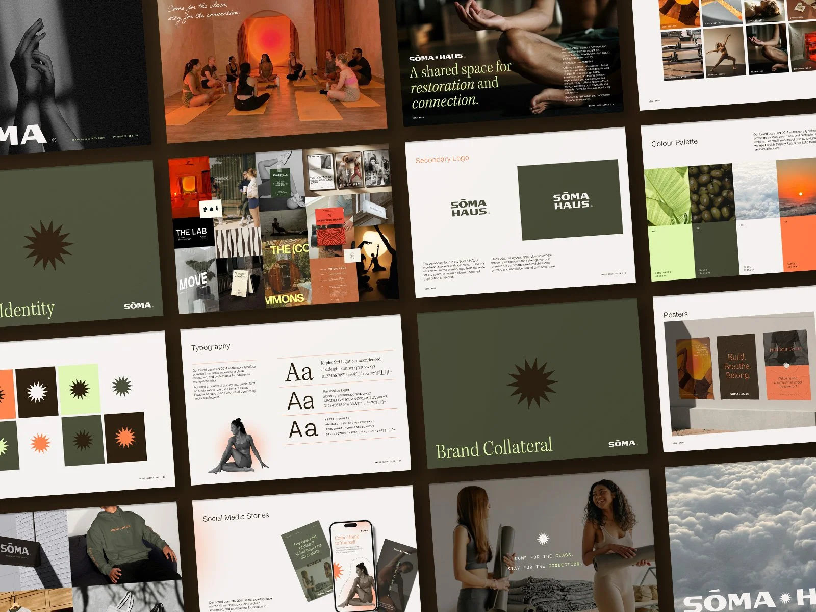 Collage of branding and marketing materials for Soma Haus, including yoga classes, brand identity, color palette, typography, brand collateral, posters, and social media stories, featuring images of people practicing yoga, logo designs, and nature-inspired visuals.