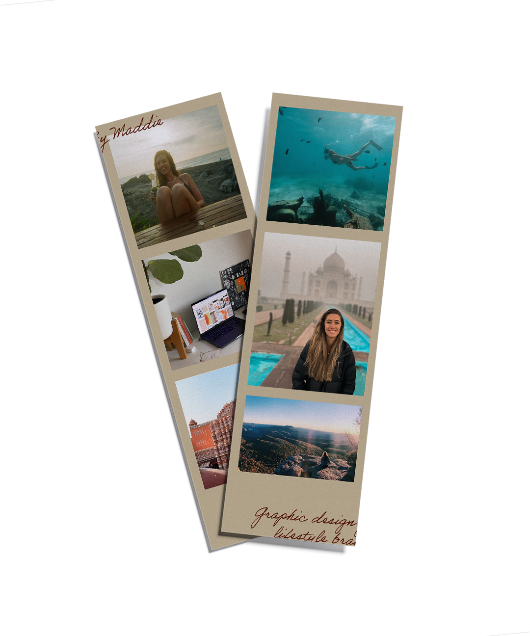 Two photo collages with travel and lifestyle pictures on a gray background.