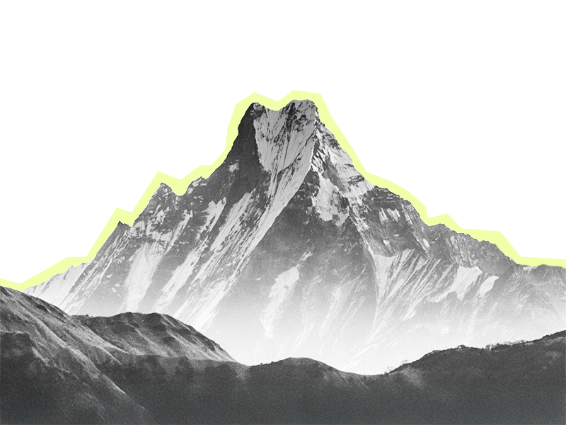 Black and white mountain range with a large peak, highlighted with a light yellow background.