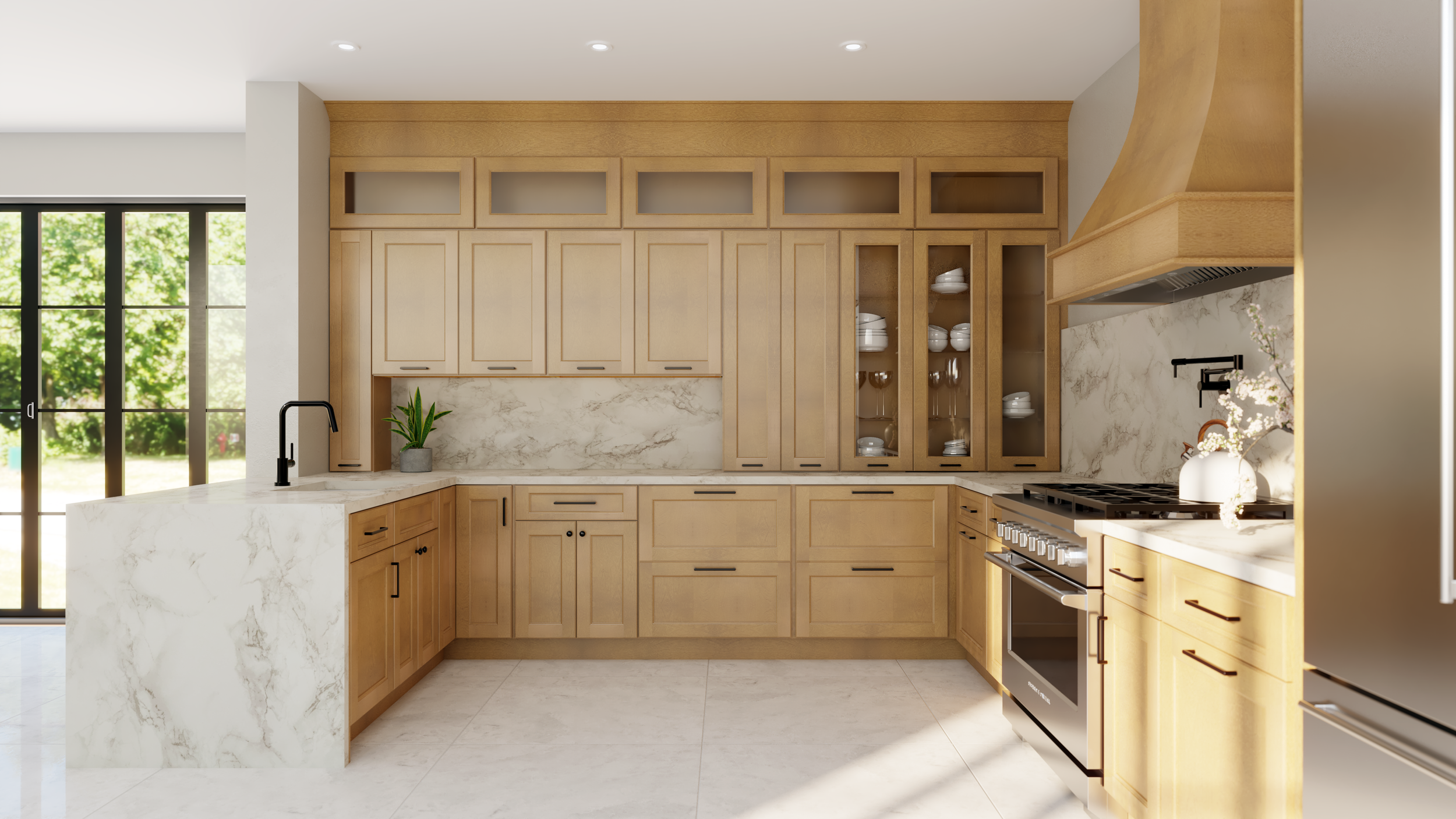 Monday Morning Cabinet Company - Example of Fabuwood Modern kitchen with light wood cabinets, marble countertops, and a large window with a view of greenery.