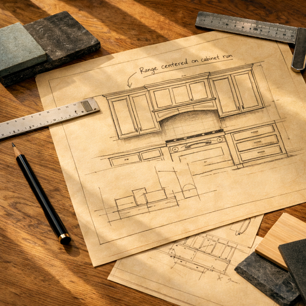 Monday Morning Cabinet Company - Architectural drawing of a kitchen cabinet and range, with rulers, a pen, and material samples on a wooden table.