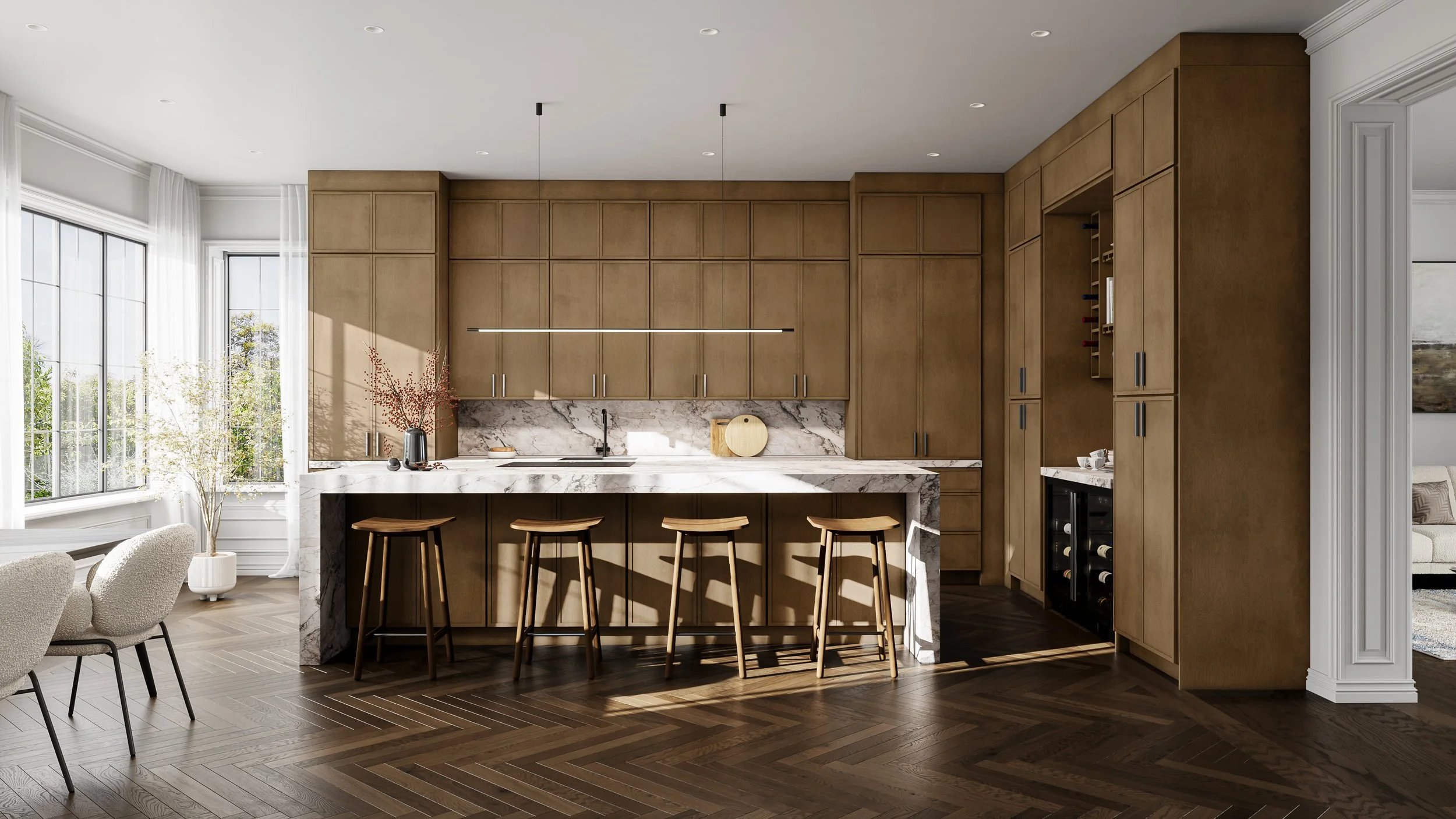 Monday Morning Cabinet Company - Example of Fabuwood - Modern kitchen with wooden cabinets, marble island, and a row of barstools, large windows with sunlight, and open living space.