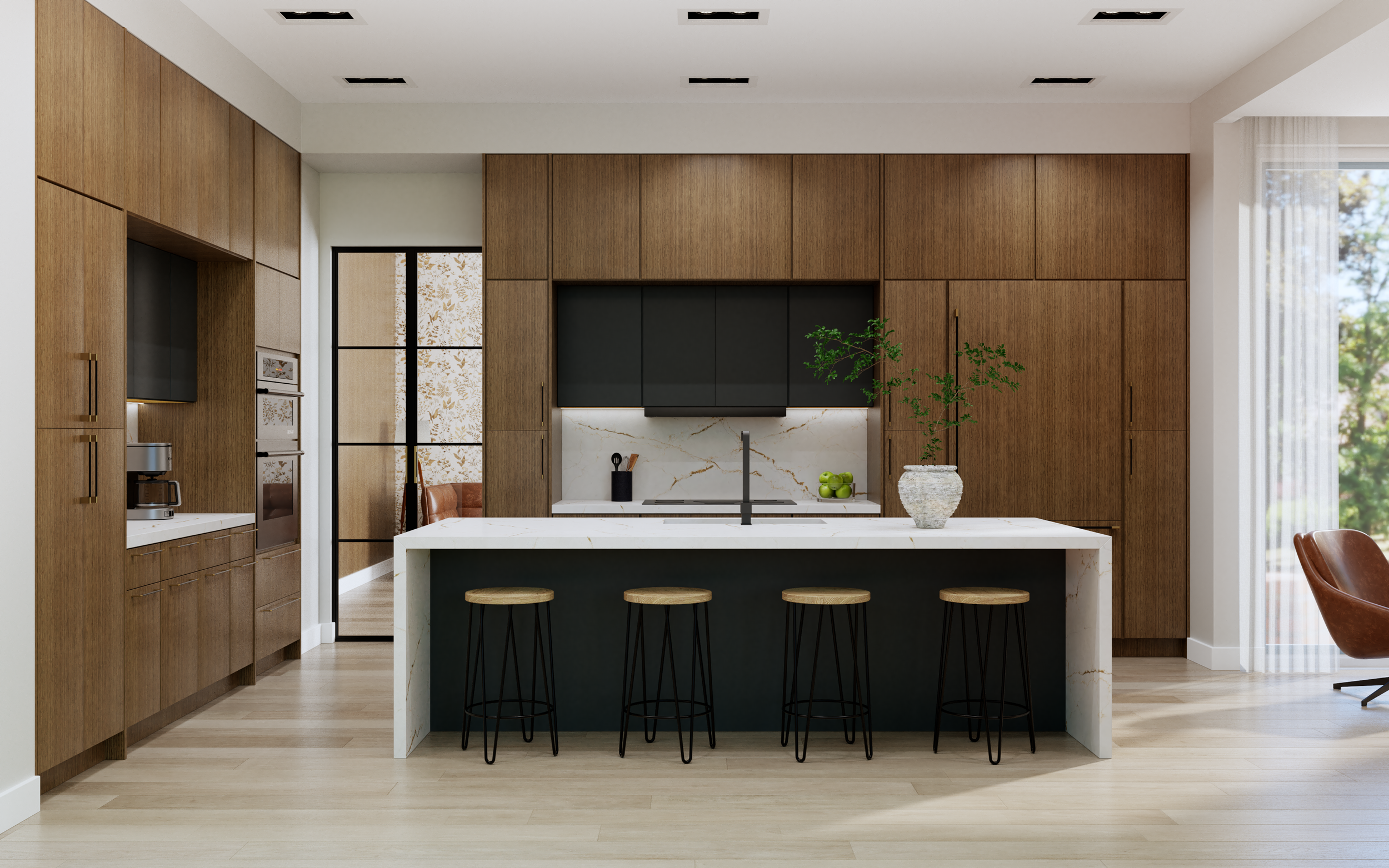 Monday Morning Cabinet Company - Example of Fabuwood Modern kitchen with wooden cabinets, white marble island, black accents, and large windows with sheer curtains.