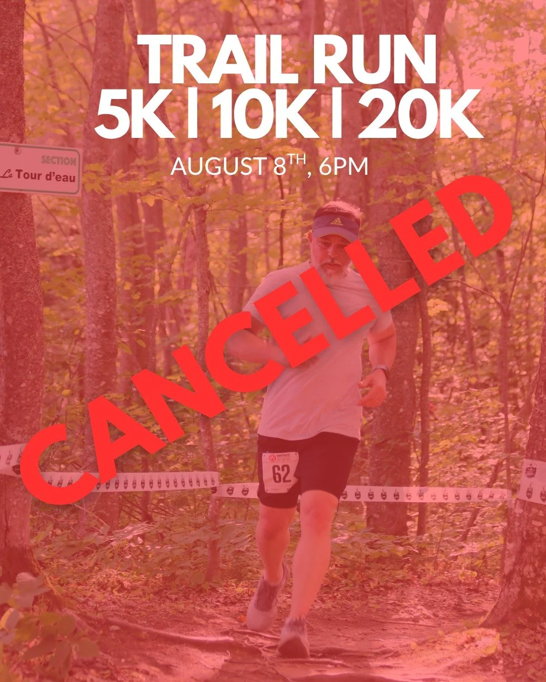 Unfortunately, due to a low number of registrations, the Trail Run has been canceled. Registered participants will be contacted directly regarding refunds. Thank you for your support and understanding.

Malheureusement, en raison d'un nombre insuffis