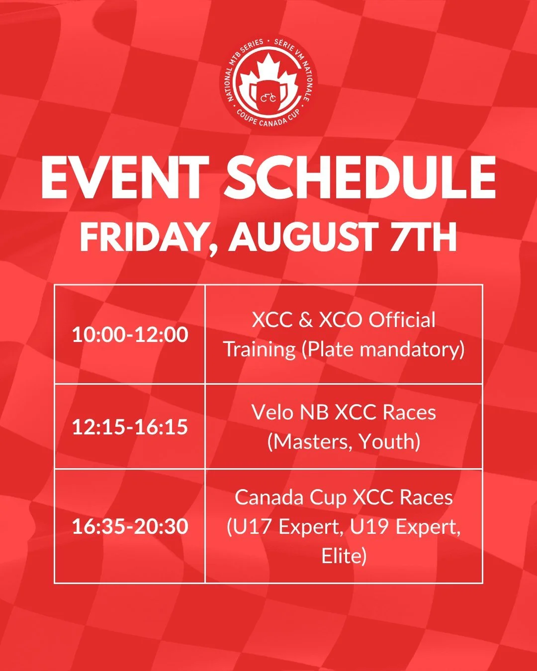Our weekend race schedule is here! ⏱️
⚠️ Subject to change. Always check the Tech Guide for the most up-to-date call-up and race times!

L&rsquo;horaire des courses du week-end est arriv&eacute; ! ⏱️
⚠️ Sujet &agrave; changement. Consultez toujours l
