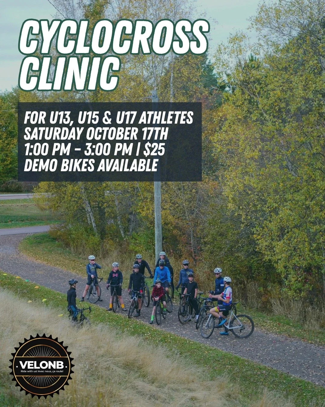 Pr&ecirc;t&middot;e&middot;s &agrave; perfectionner vos habilet&eacute;s et &agrave; d&eacute;couvrir le parcours? 🚴&zwj;♂️💨

En partenariat avec V&eacute;lo NB, nous organisons une clinique de cyclocross dans le cadre du Championnat provincial de 