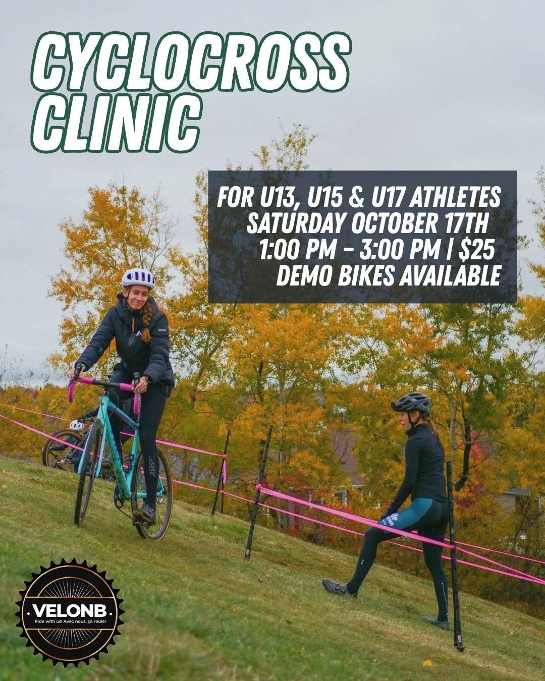 Rejoignez-nous pour une clinique de cyclocross ax&eacute;e sur les habilet&eacute;s essentielles en vue de la course :
&bull; Descentes et remont&eacute;es de v&eacute;lo
&bull; Course &agrave; pied et franchissement d'obstacles
&bull; Prise de virag