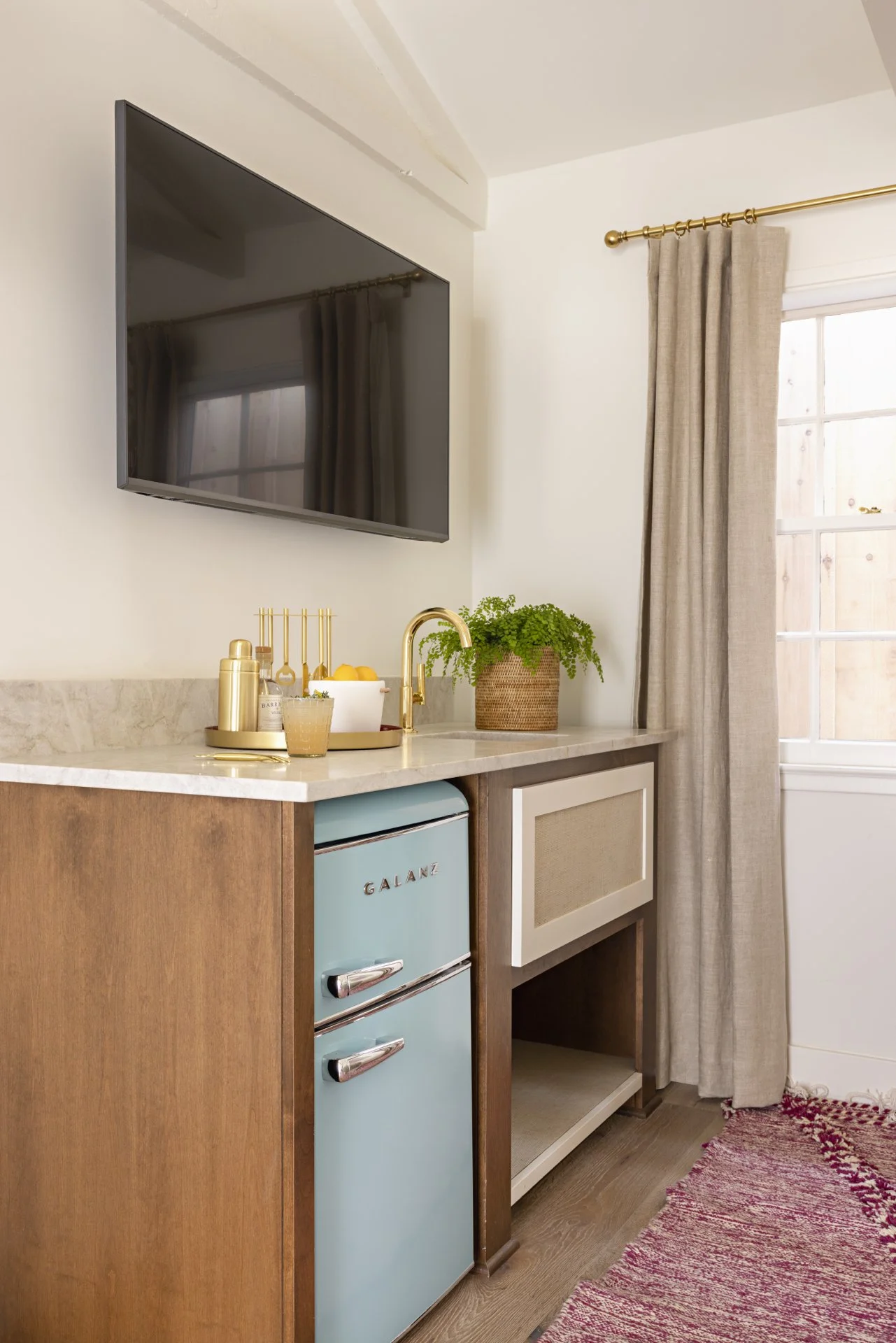 Deluxe Room Wet Bar with Retro Fridge, Craft Spirits, Wine, Beer, and Cocktail Tools, Nespresso | Boutique Hotel Amenities | Downtown Paso Robles Hotel | Farmhouse Motel