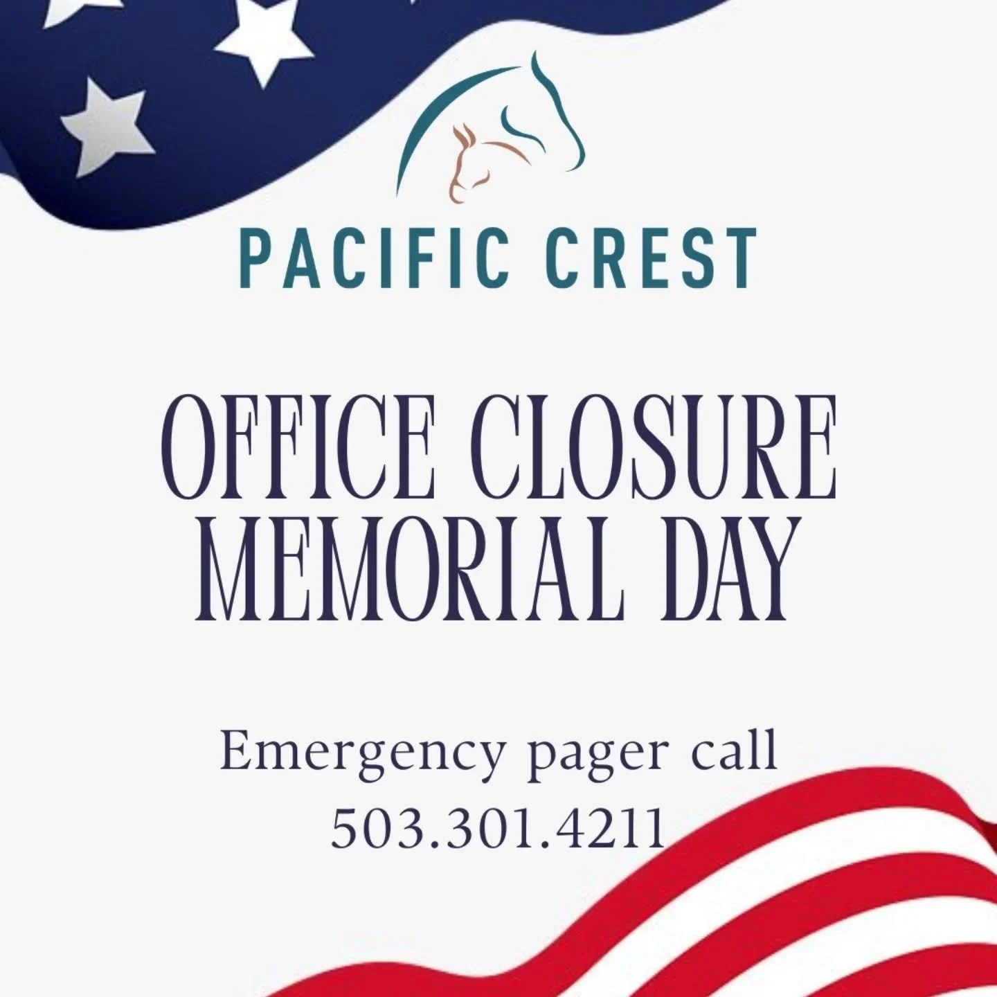 A friendly reminder that the office will be closed for Memorial Day on May 25th. For emergencies please call 503.301.4211. For all other questions please leave a message on our regular office line: 503.632.6336 or email us office@pcequinevet.com. Nor