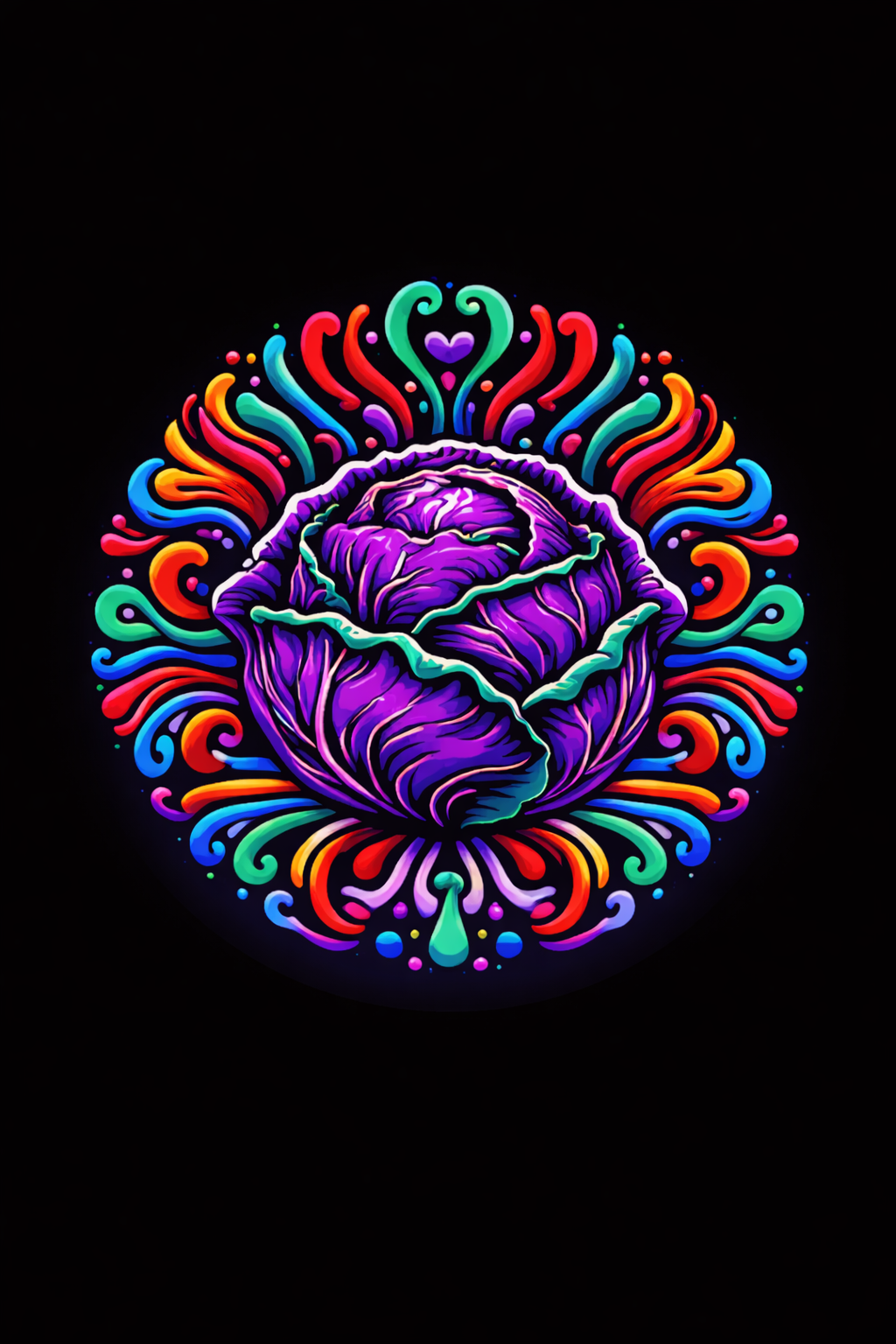 A neon-style digital artwork of a purple head of lettuce with colorful, swirling, abstract patterns surrounding it on a black background.