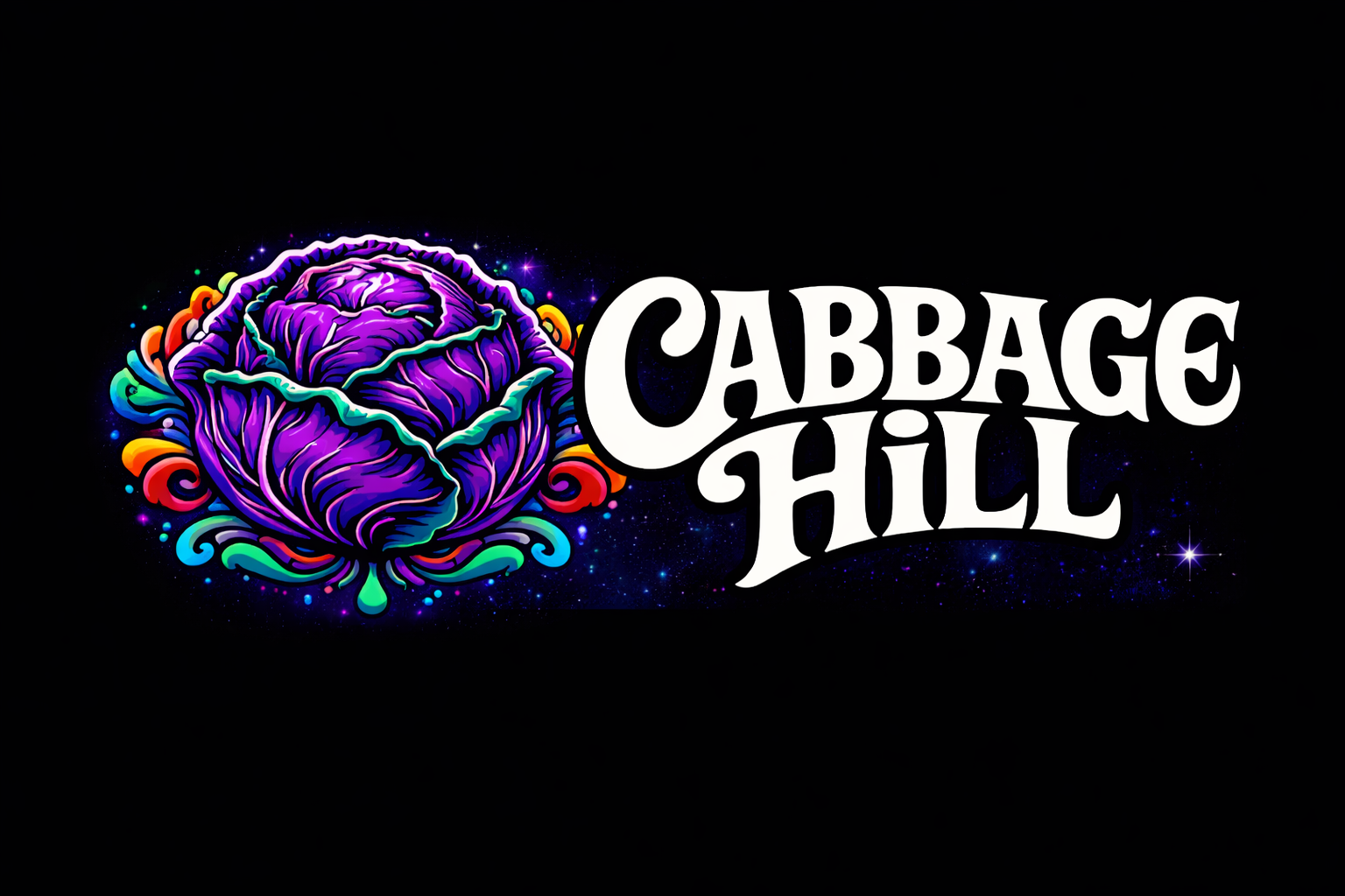 Colorful neon-style illustration of a purple cabbage with swirling patterns, next to bold white stylized text that reads "Cabbage Hill" against a black background.
