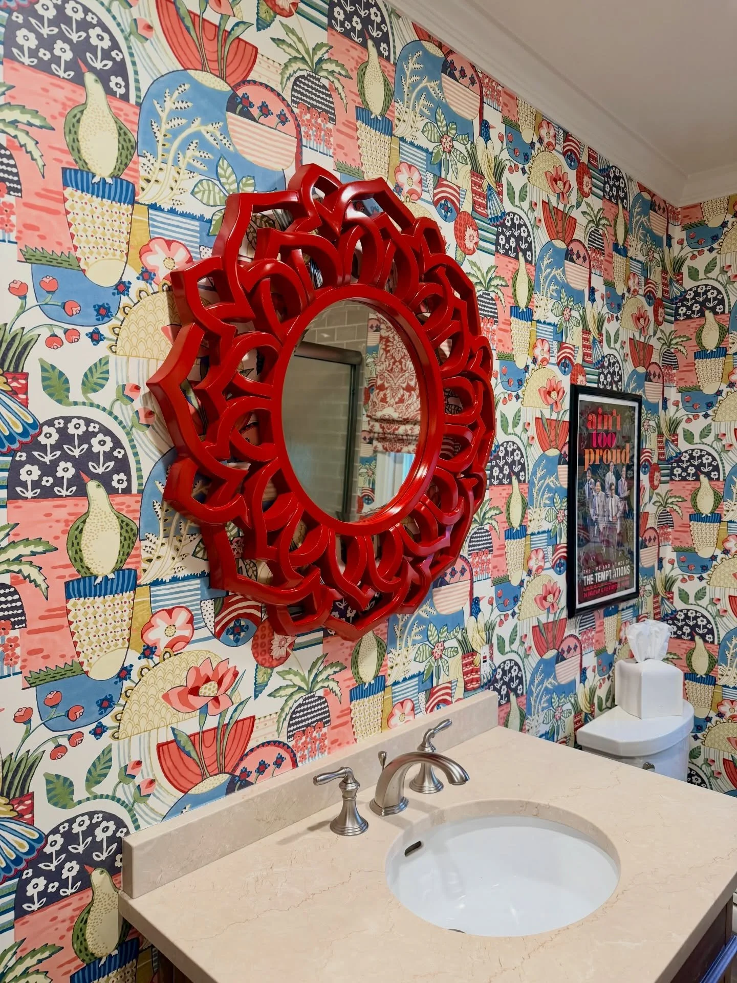 Popped into a consult with an OG client today, and was so pumped to see this mirror &mdash; the one I helped her choose way back when I first launched my business. Paired with this sassy wallpaper &amp; poster of The Temptations (all her btw), you ca