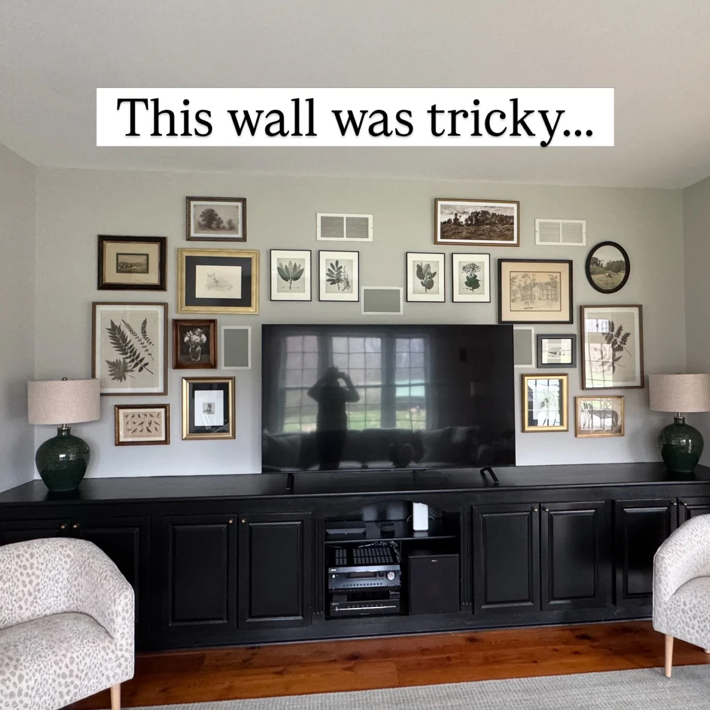 Does the thought of a gallery wall send you into a tizzy? I hear you.

This is exactly where my client started&mdash;staring at this TV wall (vents, in-wall speakers&hellip; all the things you can&rsquo;t move) and feeling completely stuck&hellip; wi
