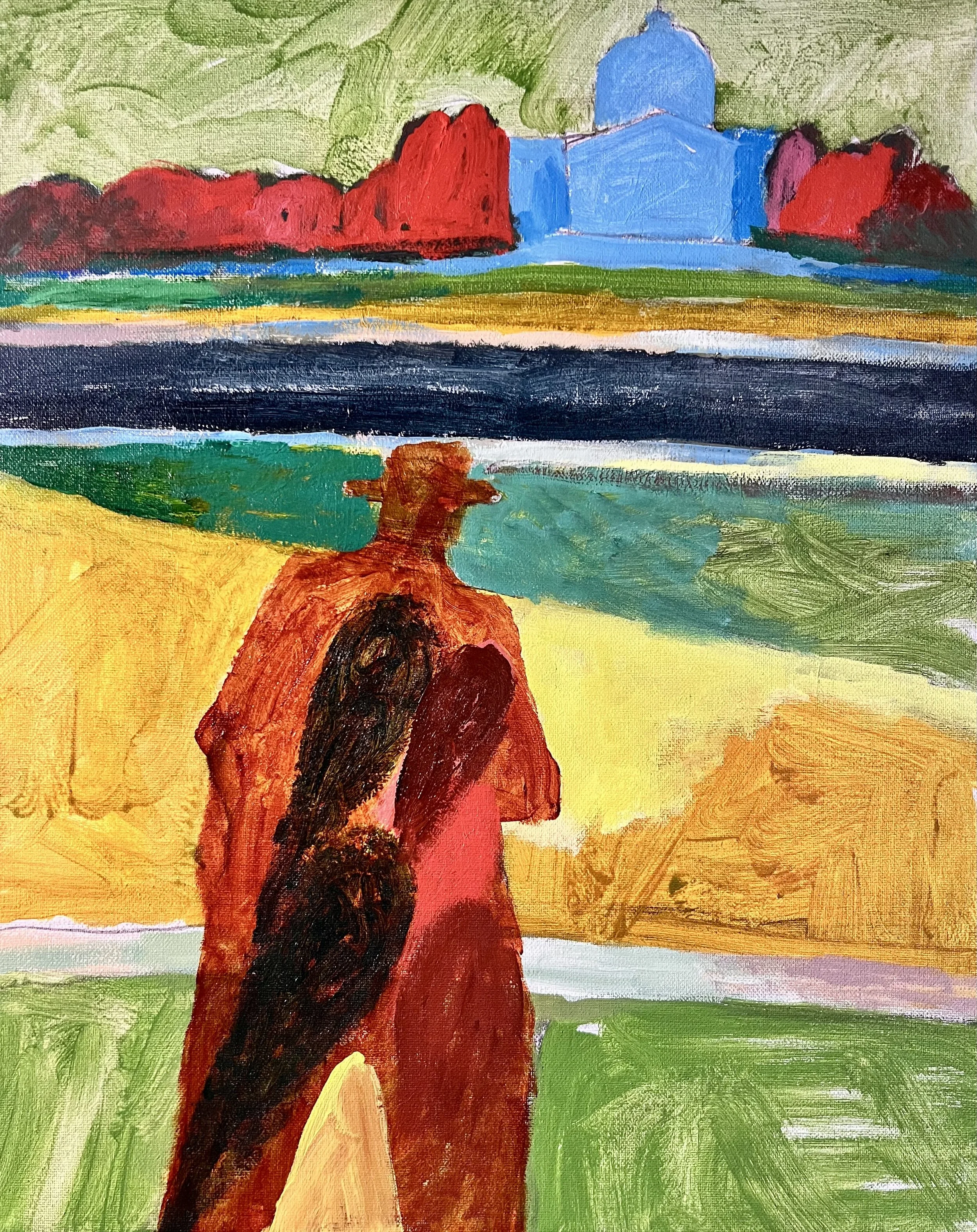 An abstract painting of a landscape with trees, a lake, and a figure sitting on the ground, using colorful strokes.