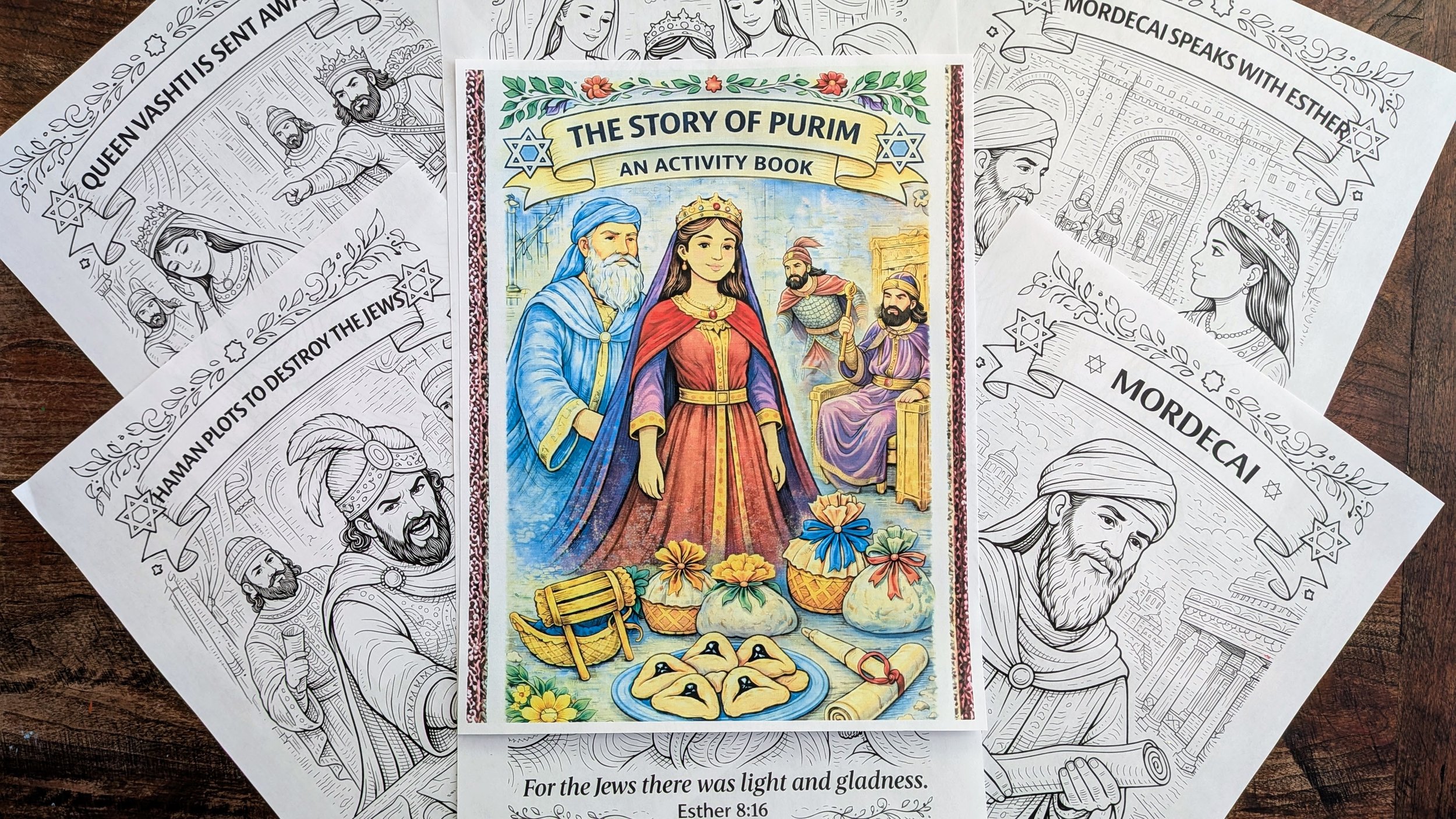 The Story of Purim coloring and activity book cover featuring Queen Esther