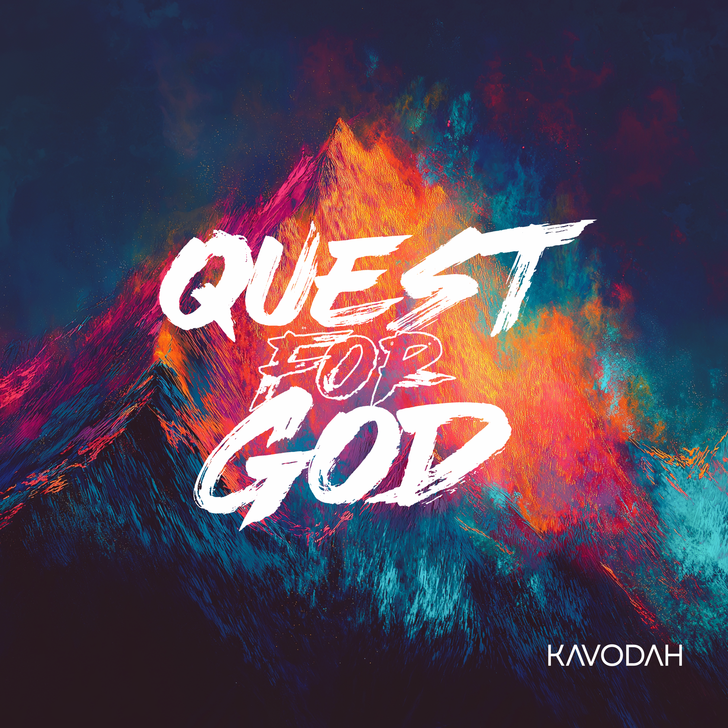 Kavodah album cover called Quest for God with a brightly neon colored mountain in the background tat reminds the viewer of Mount Sinai.