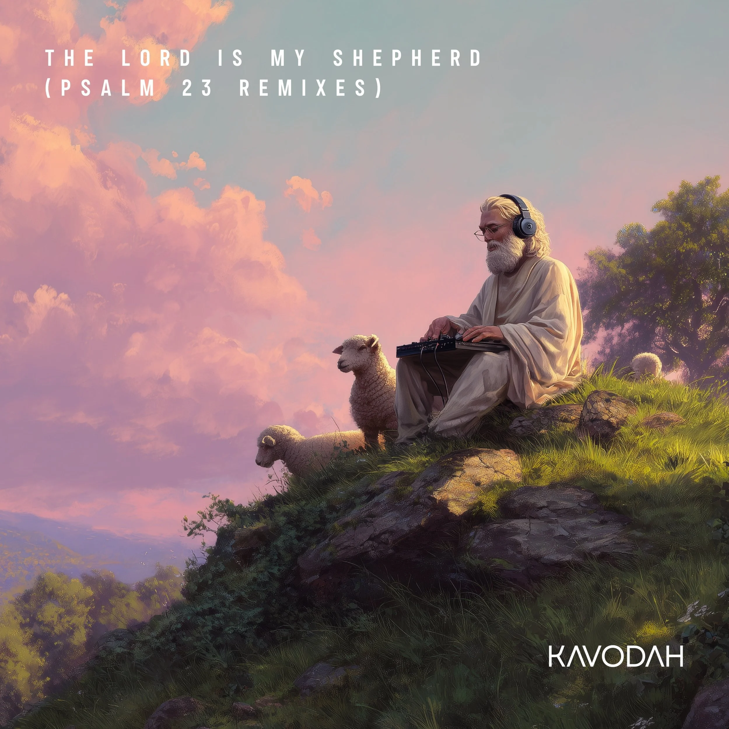 Illustrated image of King David with a gray beard wearing headphones using DJ equipment. Album cover for Kavodah The LORD Is My Shepherd (Psalm 23 Remixes)