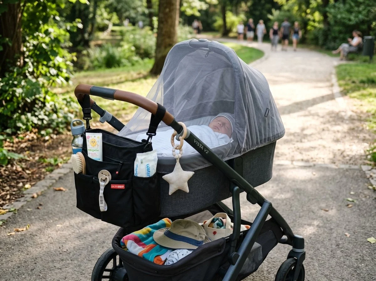 Stroller with a canopy and mosquito net, showing summer newborn essentials.