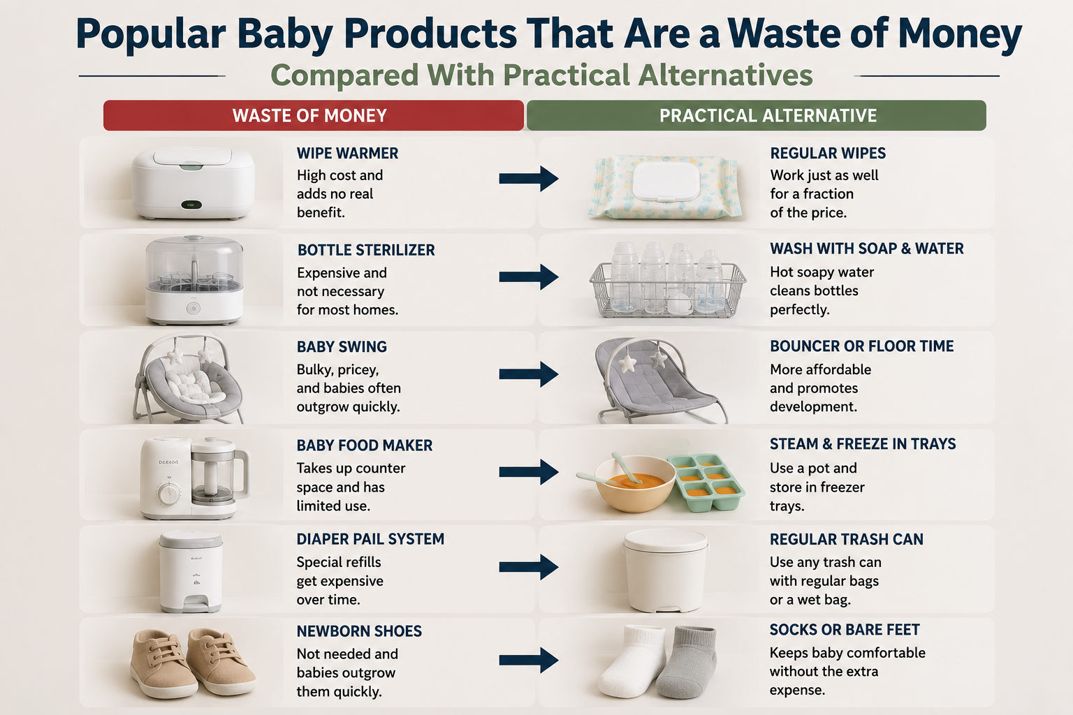 Popular baby products that are a waste of money compared with practical alternatives.