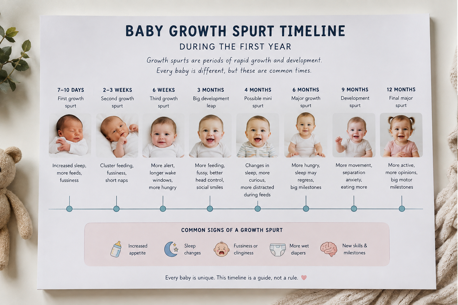 Baby growth spurt timeline during the first year of life.