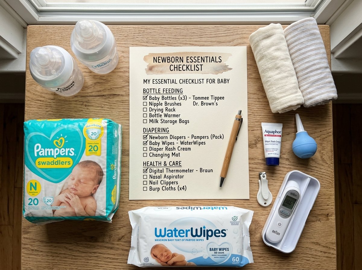 Newborn essentials checklist with bottles, diapers, wipes, and a baby thermometer.